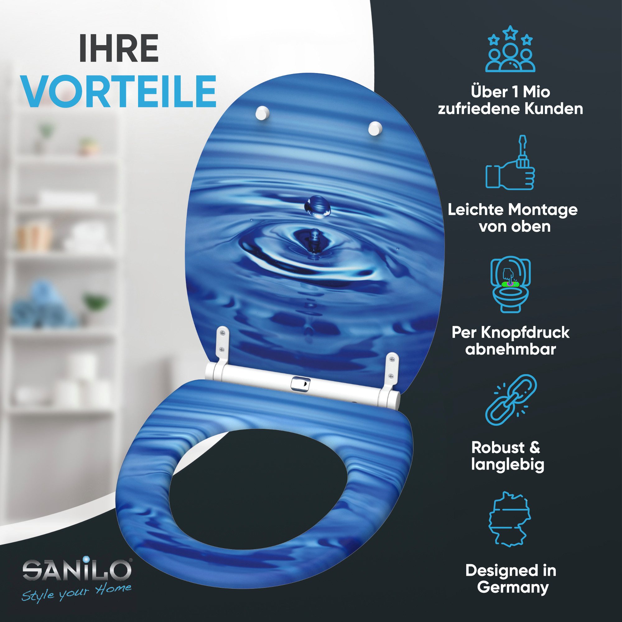 Sanilo WC-Sitz Tropfen mit Absenkautomatik & Quick Release, Premium Toilettendeckel, abnehmbar, leichte Montage von oben – Bild 2 von 5