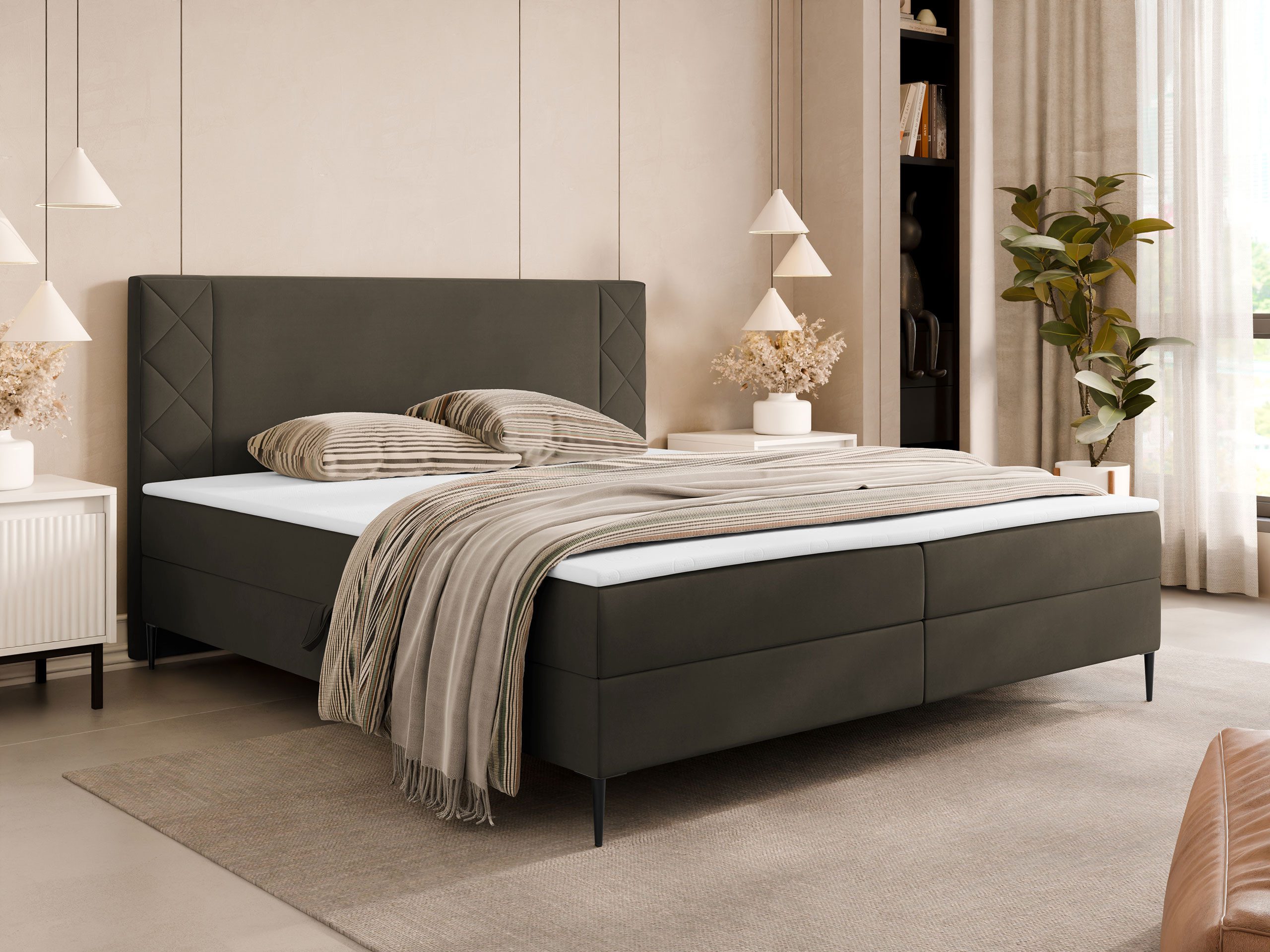 MIRJAN24 Boxspringbett Portes (mit Bettkasten und Gepolstert Kopfteil), Bonellfederkern, Härtegrad: H9