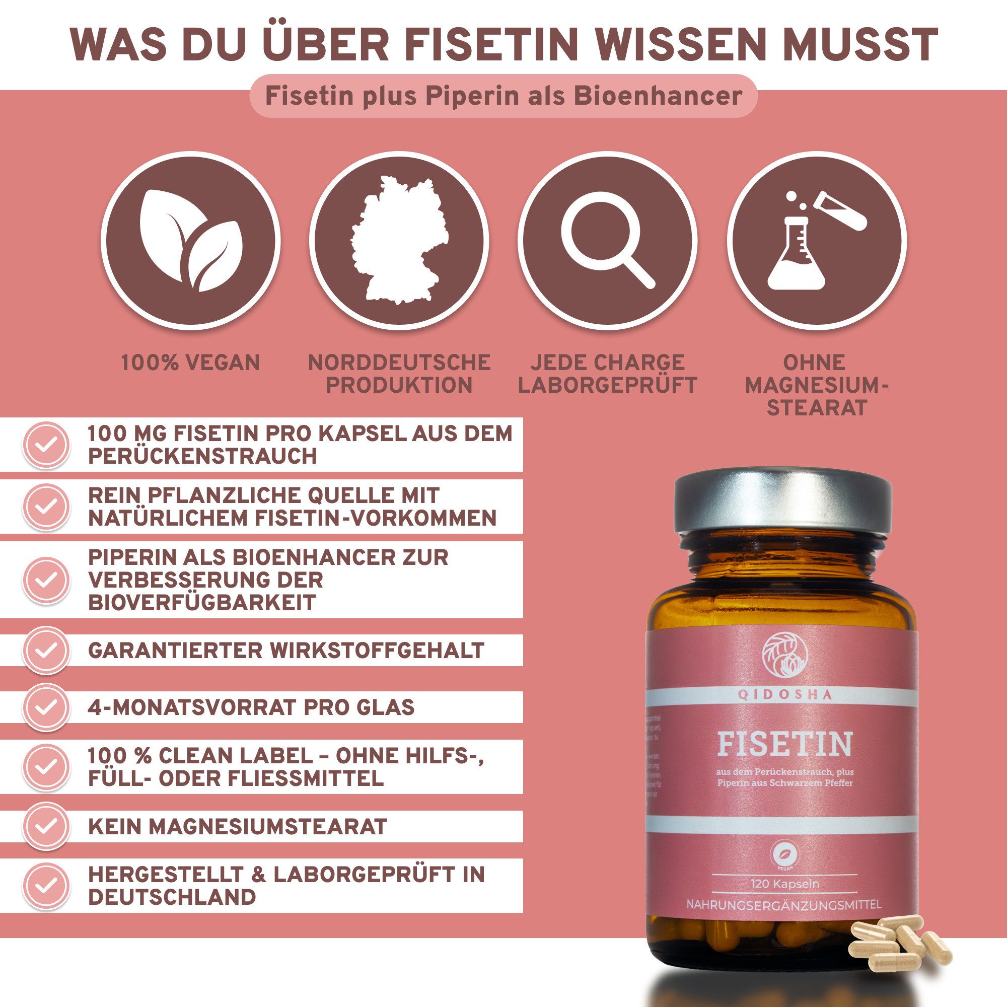 QIDOSHA Fisetin Kapseln 100 mg mit Piperin Hartkapsel, 1 er 120 St., 22 g, Fisetin aus Perückenstrauch mit Piperin