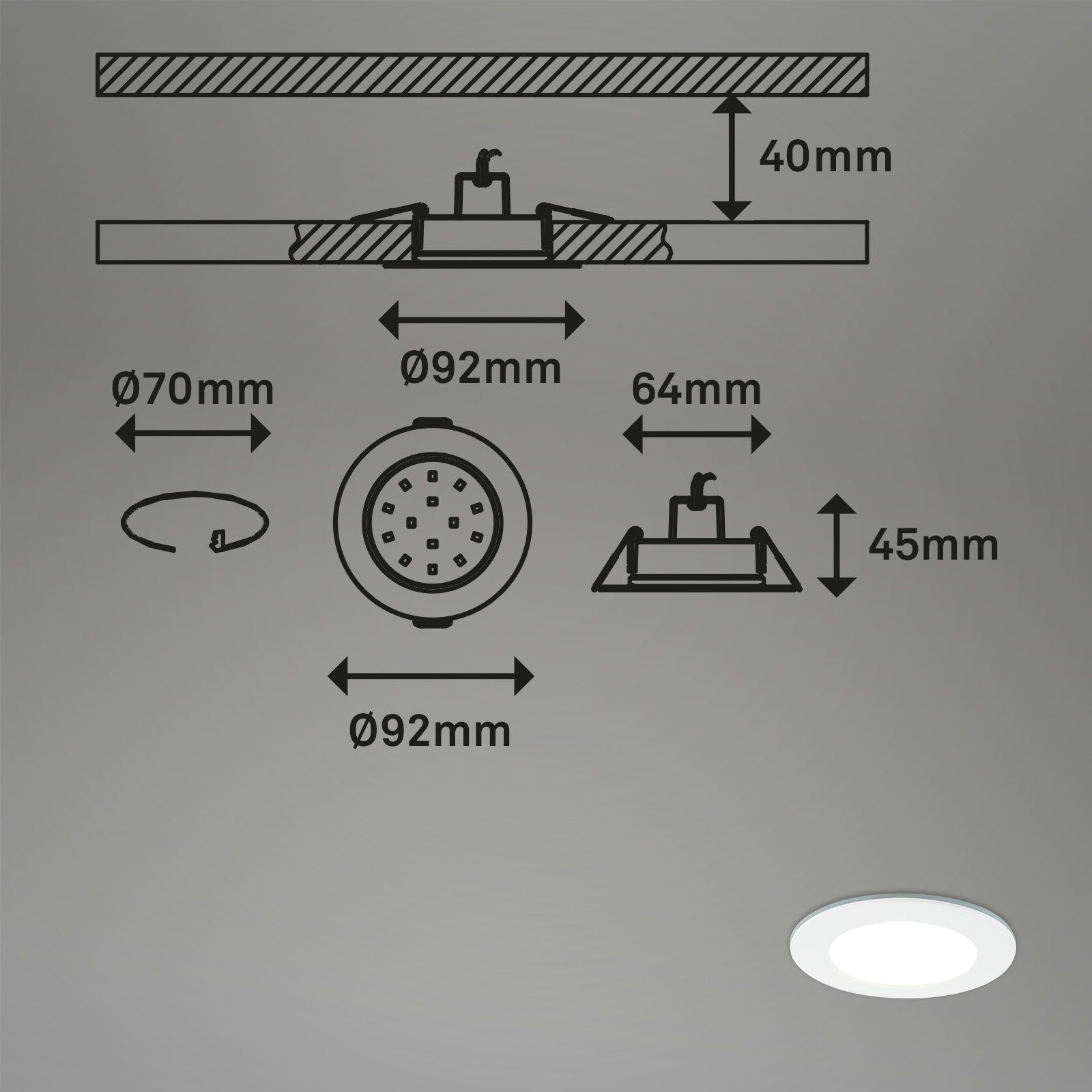 LED dimmbar, 4,8W, Fernbedienung, Timer, Weiß, 92x45 Briloner verbaut, Flur, Leuchten fest Einbauleuchten Warmweiß, Badezimmer, Farbtemperatursteuerung, Kaltweiß, Spritzwasserschutz, 7034-036, Speicherfunktion, Einbauleuchte Neutralweiß, CCT Bad, Küche mm, Tageslichtweiß, Nachtlicht, Farbwechsler, LED