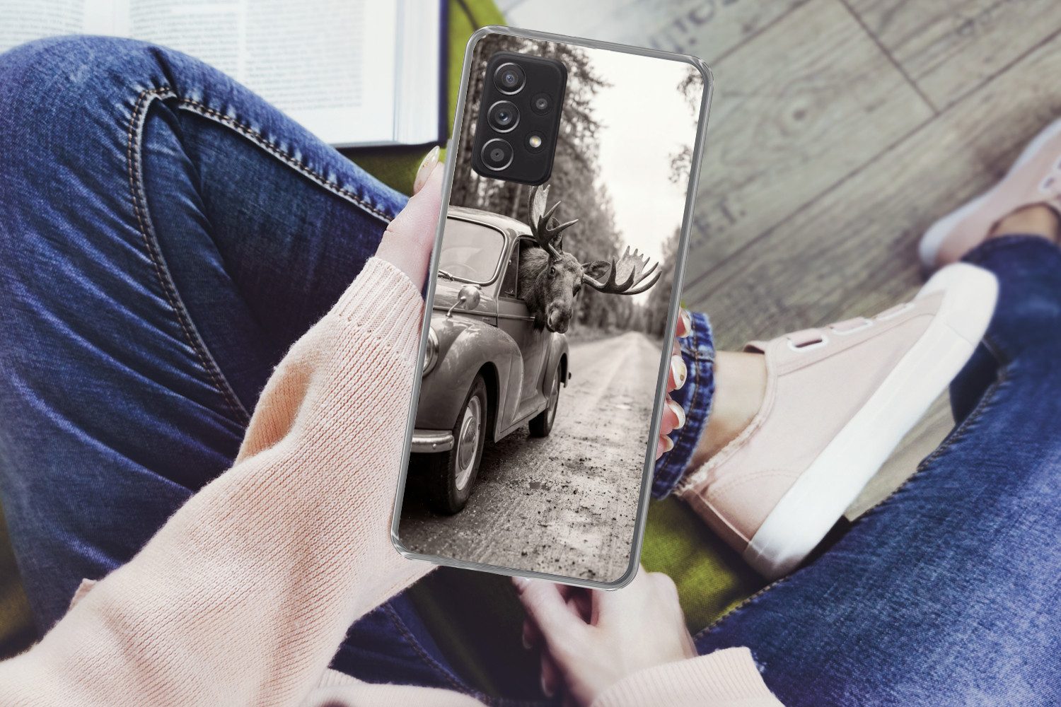 MuchoWow Handyhülle für Samsung Galaxy A53 5G Elch - Auto - Geweih - Schwarz - Weiß, Phone Case, Silikon, Schutzhülle Dünn