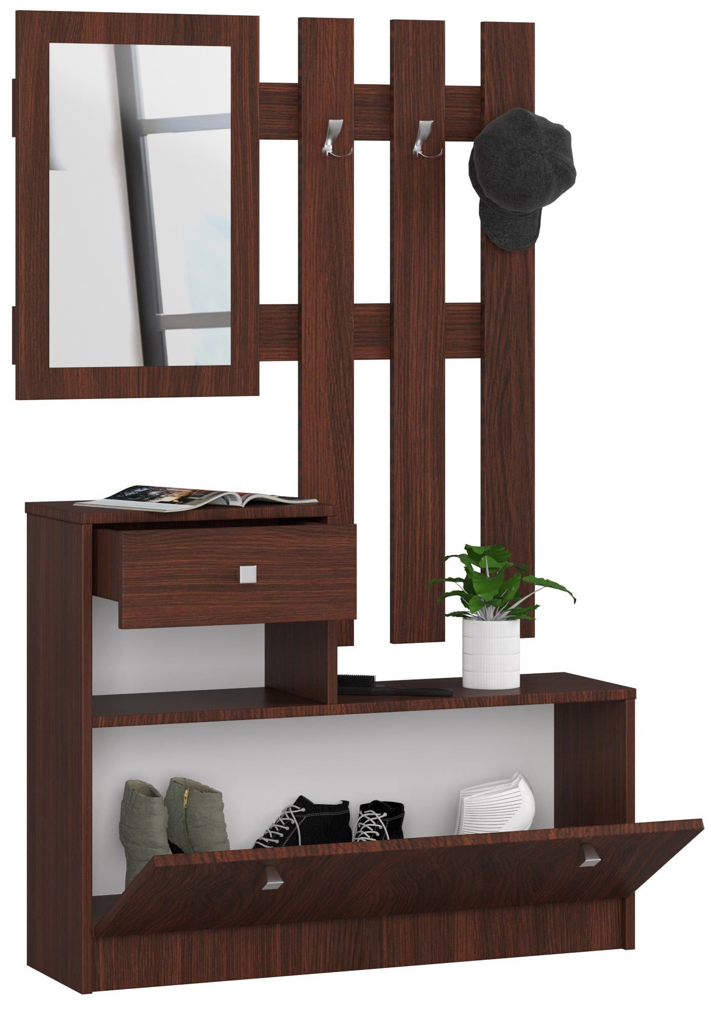 Raumhirsch Furniture Schuhschrank Möbelset für den Flur, Schuhschrank + Garderobe mit Spiegel 90cm Schuhschrank, Schublade mit 2 Einlegeböden 90x25x170 cm