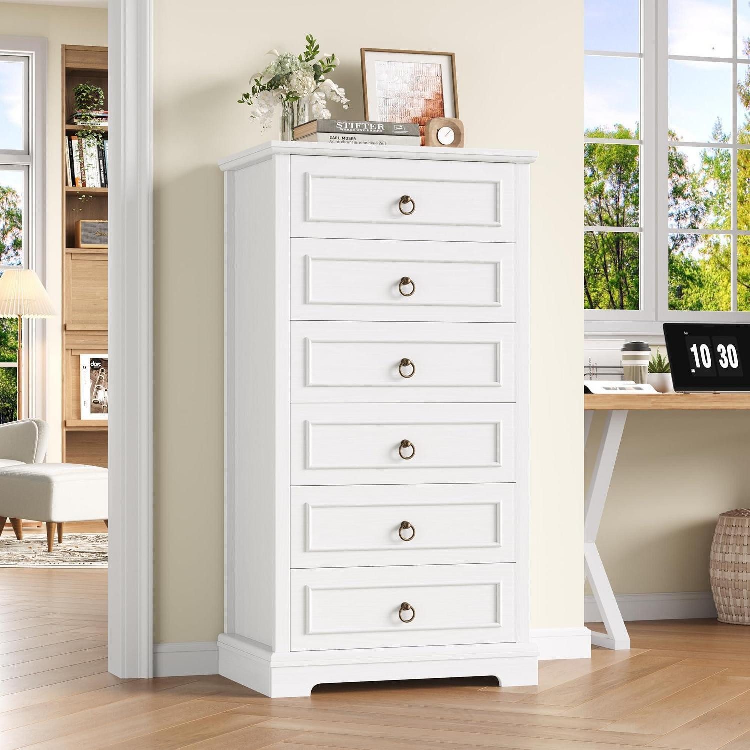 LuxusKollektion Hochkommode Kommode 131 cm hoch 6 Schubladen weiß Holzmaserung