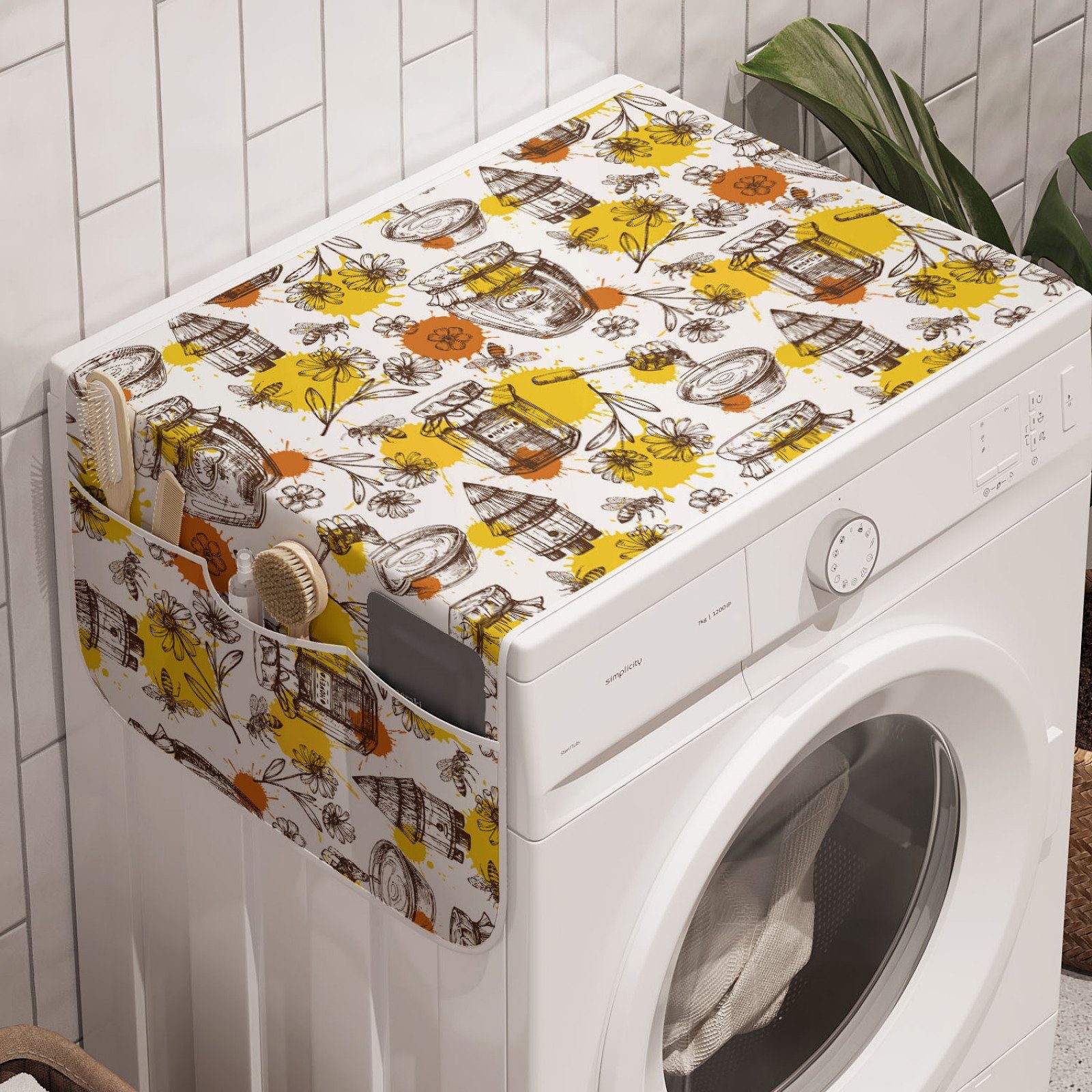 Abakuhaus Badorganizer Anti-Rutsch-Stoffabdeckung für Waschmaschine und Trockner, Skizzieren Honig-Gläser Drops und Bienen