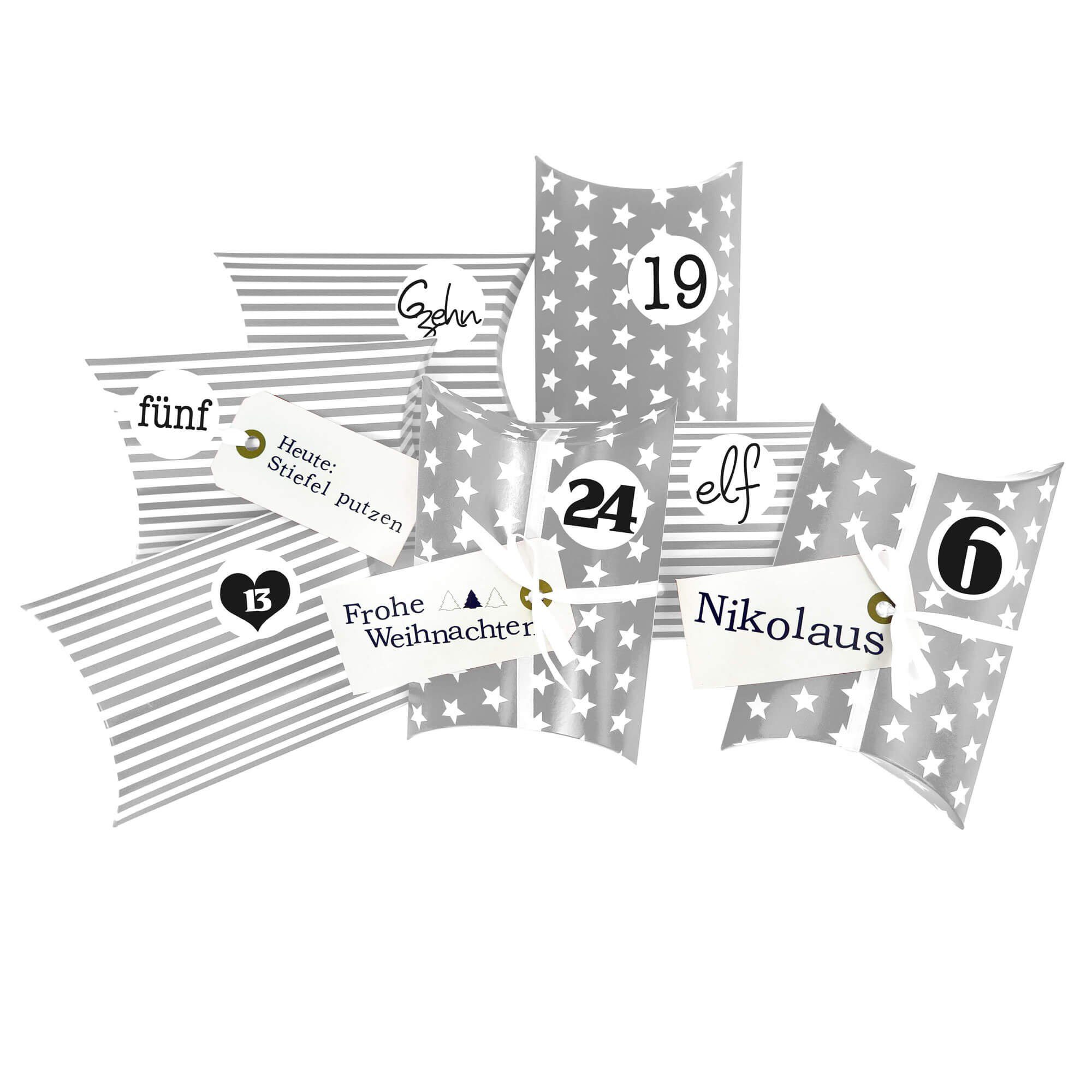 Frau WUNDERVoll Kalender zum Selbstbasteln Adventskalender Christkind, Kissenschachteln grau