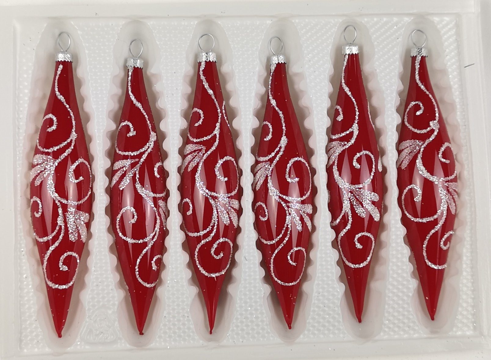 Navidacio Christbaumschmuck 6 tlg. Glas-Zapfen Set in Hochglanz Modern Rot Weisse Ornamente