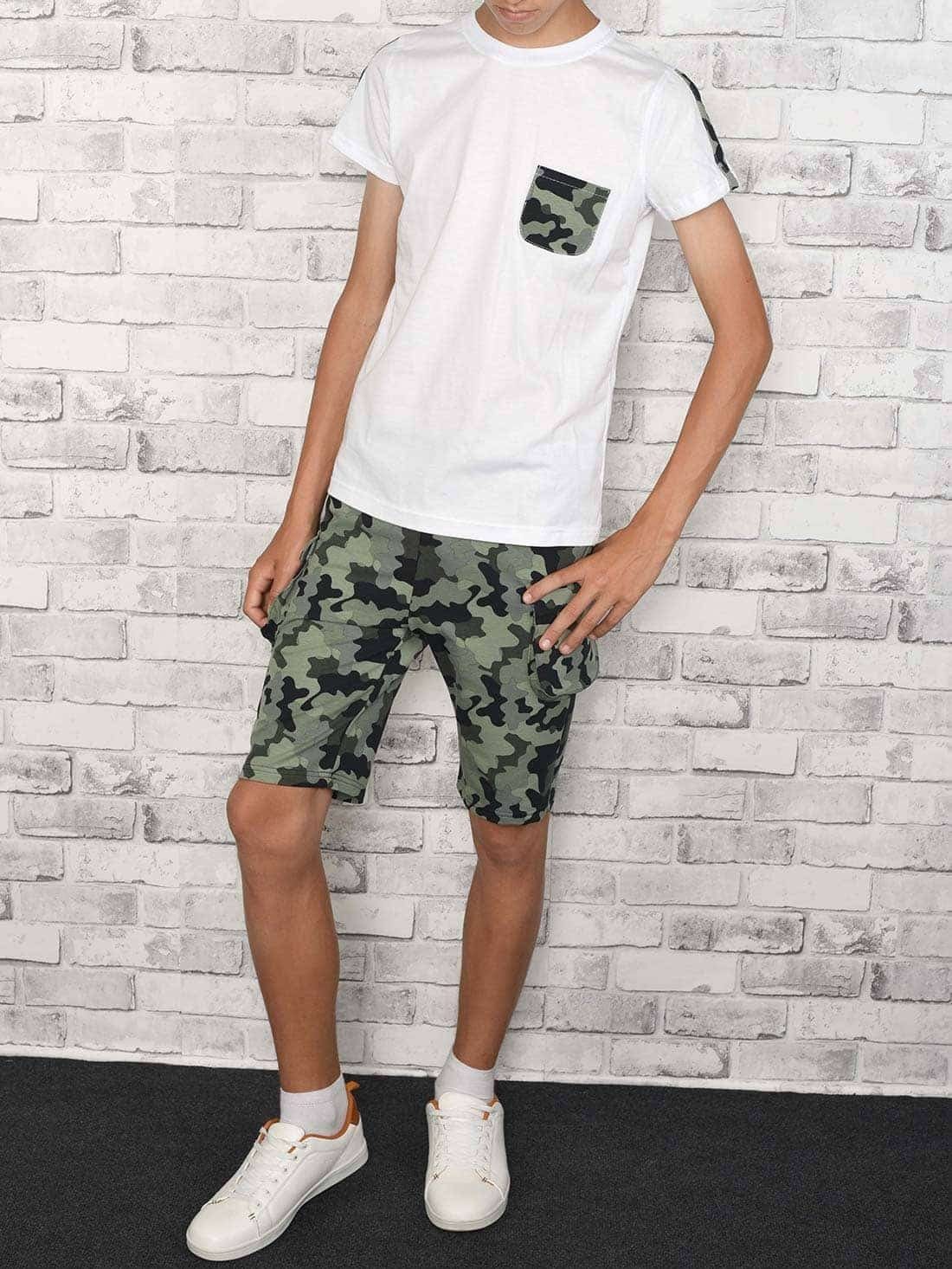 Shorts Set BEZLIT Sommer Weiß Camouflage (1-tlg) T-Shirt Olivegrün Cargo und Shorts T-Shirt casual Jungen &