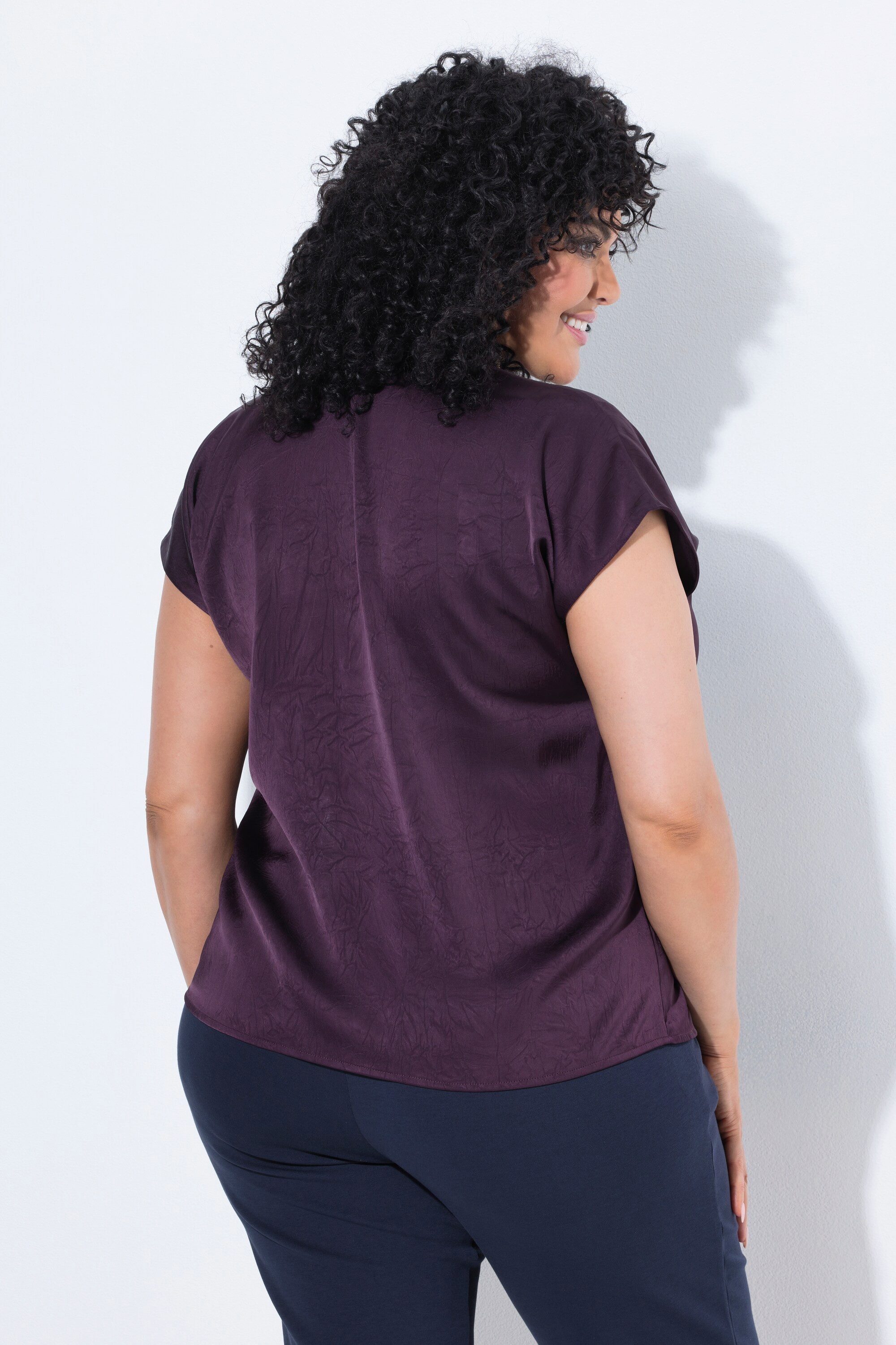 Ulla Popken Longbluse Satinbluse Ziernaht Wasserfallausschnitt Halbarm