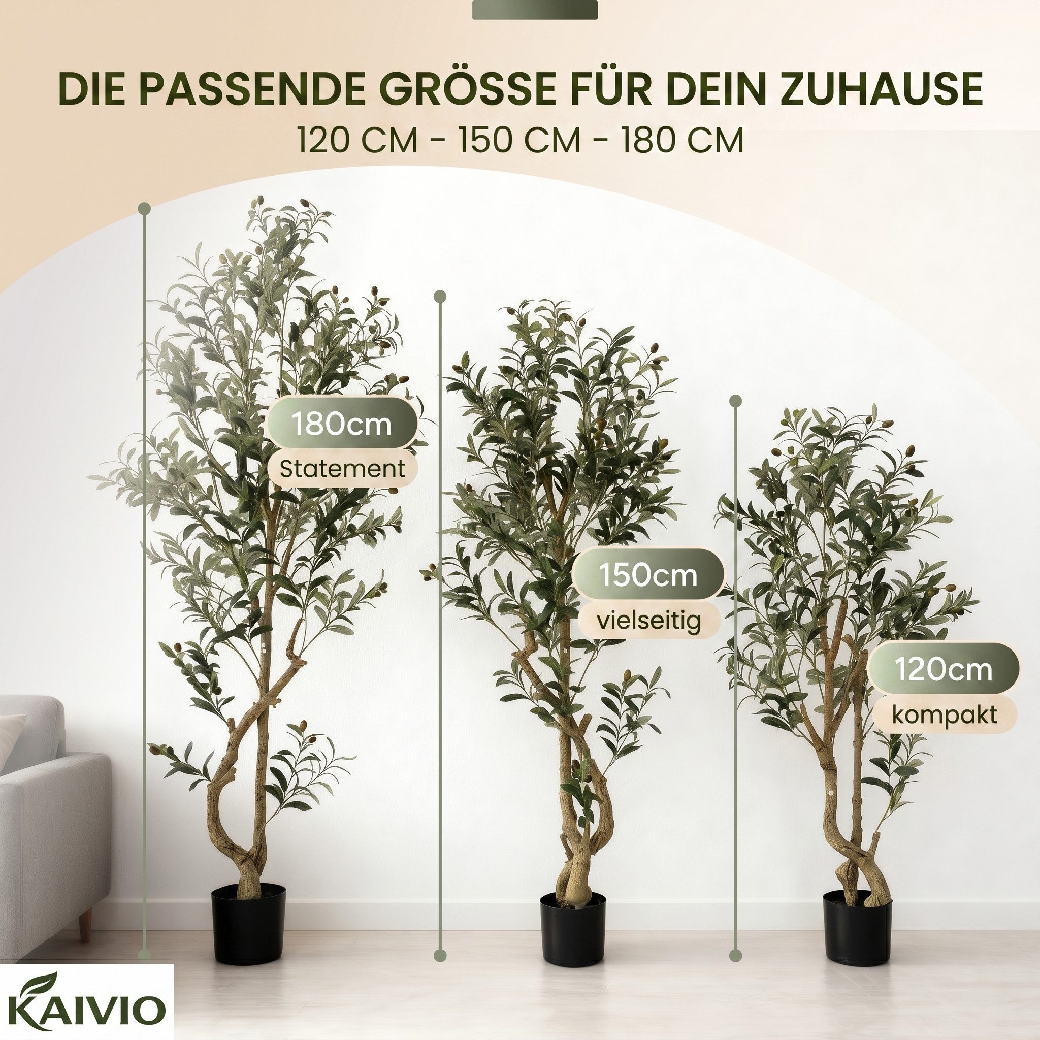 Kunstbaum KAIVIO Künstlicher Olivenbaum 150 cm Signature, Kaivio, Höhe 150 cm, Naturgetreue Optik mit 720 Blättern und 40 Oliven – Bild 4 von 5