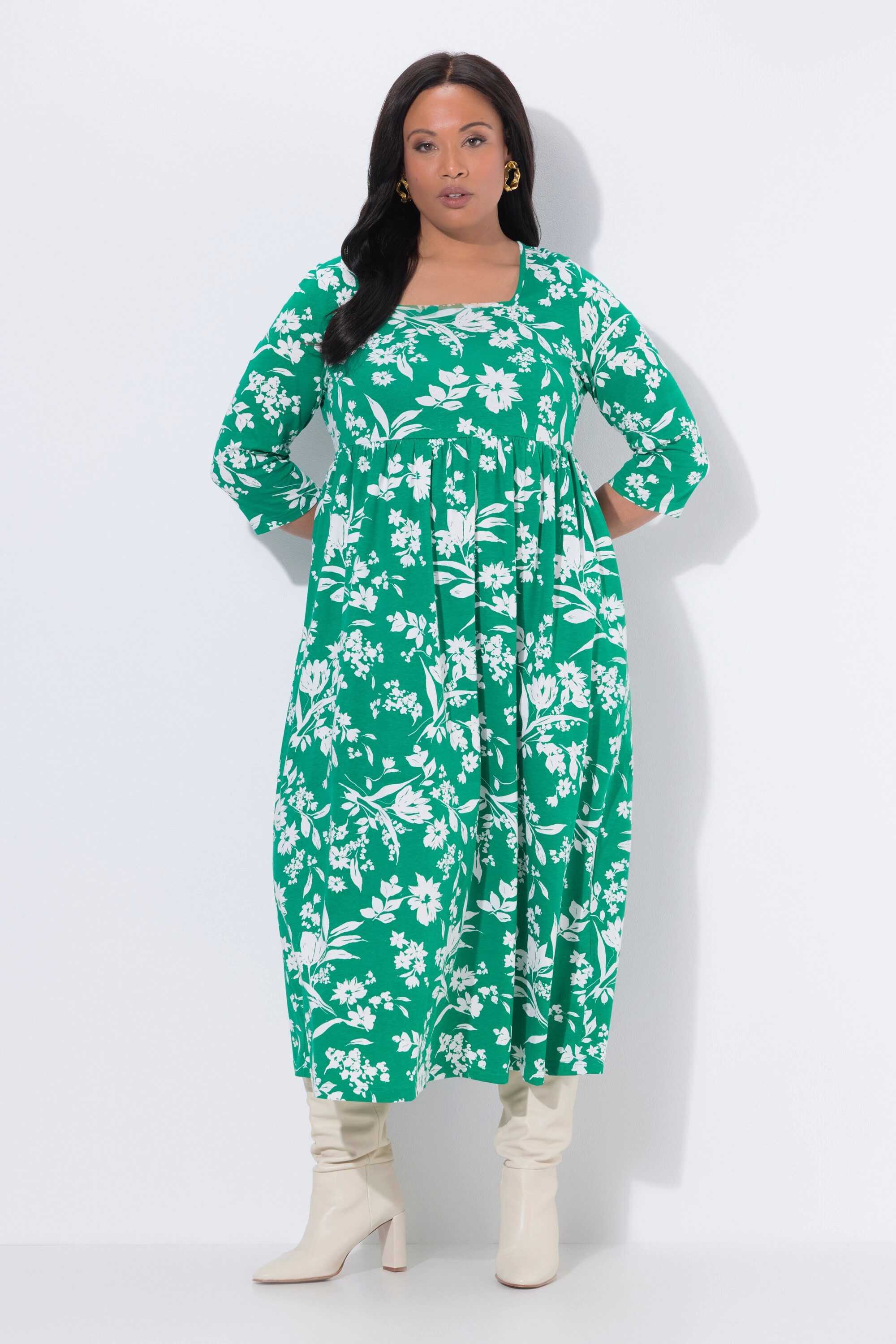 Ulla Popken Maxikleid Jerseykleid Blüten A-Linie Carré-Ausschnitt günstig online kaufen