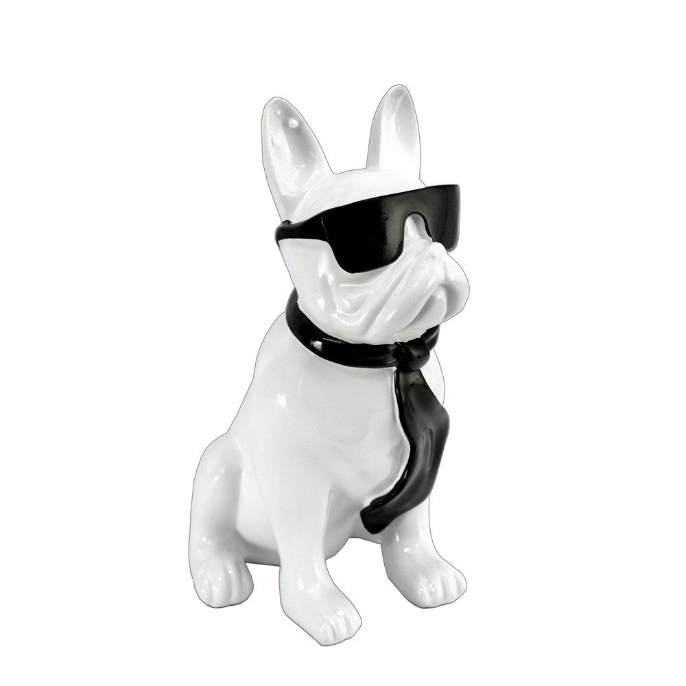 Tierfigur Französische Bulldogge mit Schal und Sonnenbrille in weiß