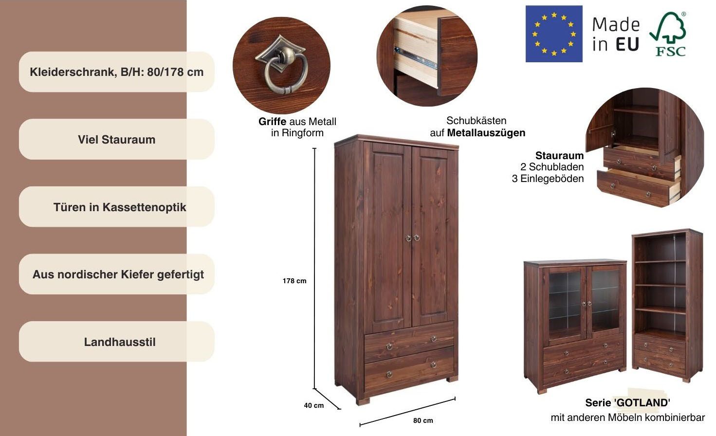 OTTO home Kleiderschrank Gotland; Wäscheschrank, Mehrzweckschrank mit Schubladen, Landhausstil (B/H/T ca: 80cmx178cmx40cm) massive Kiefer, FSC® zertifiziert, langlebige Qualität trifft Stil