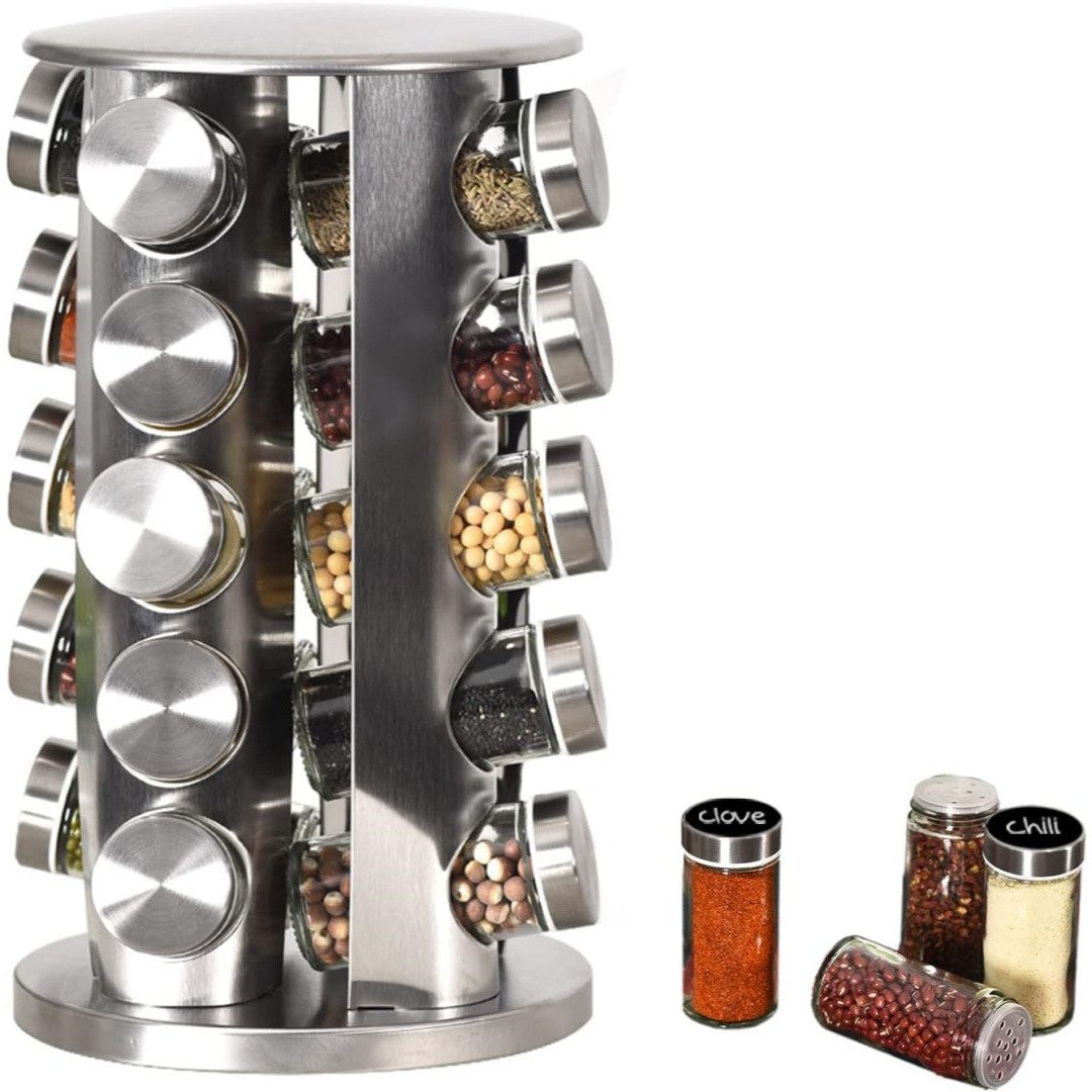 Kityhome Gemüsebeutel Edelstahl-Gewürzregal, 360° drehbar – 20 Dosen, rutschfeste Basis, metall