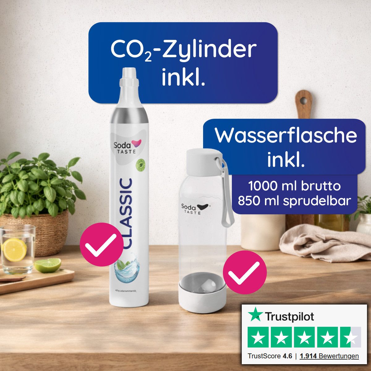 SodaTASTE Wassersprudler SodaTASTE UNO Wassersprudler Set inkl. Flasche & CO2-Zylinder, (Wassersprudler, CO₂-Zylinder, 1-Liter-Wasserflasche, Abtropfhalterung), Kompatibel mit Standard-Drehgewinde