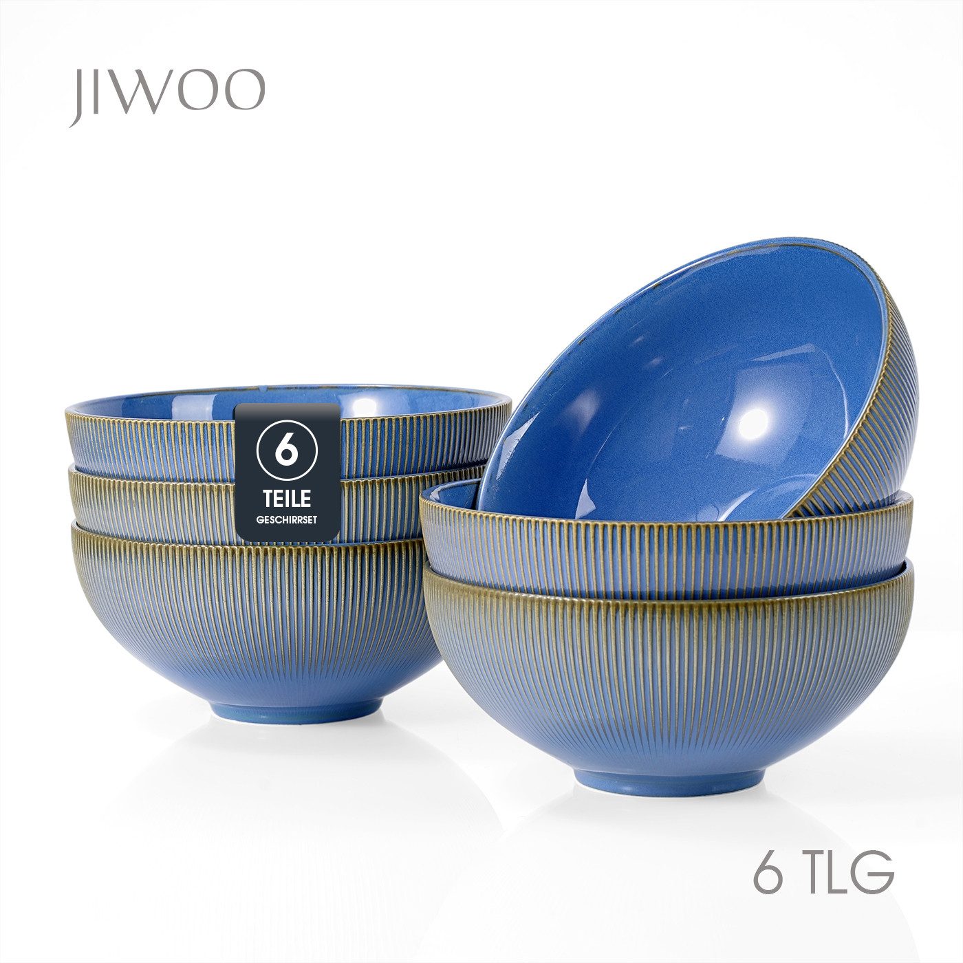 JIWOO Suppenschüssel 6er Ø20cm Salatschüssel Servierschüssel Müslischüssel Obstschüssel, Keramik, (Set, 6-tlg), Keramik Hochwertiges Schüsselset Blau Mikrowellen spülmaschinenfest