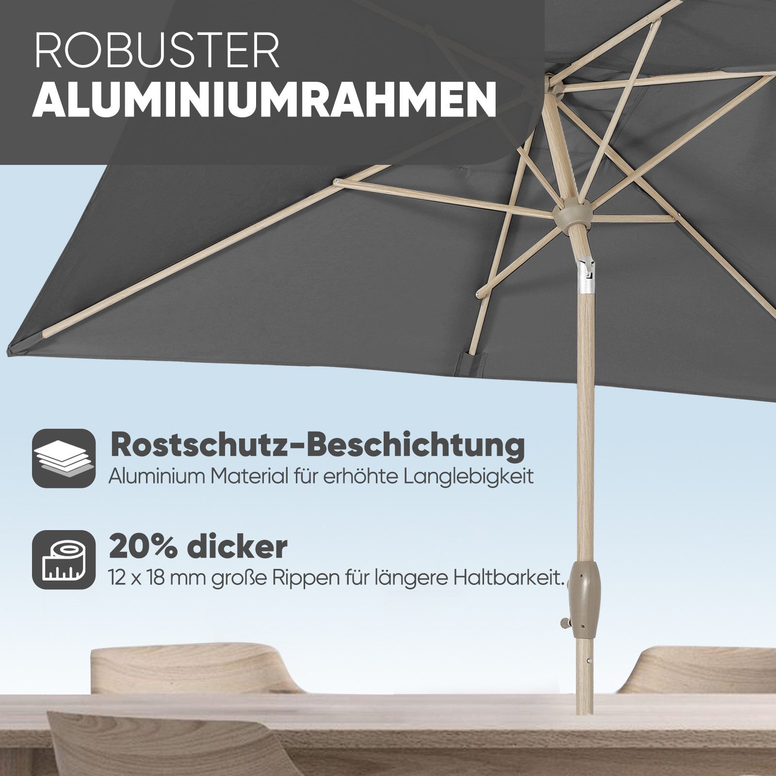 Sekey Rechteckschirm 210x140cm Alu Sonnenschirm Balkon Rechteckig mit Kurbel, Balkonschirm, LxB: 210,00x140,00 cm, Sonnenschutz UPF50+, Abknickbar, mit Holzmaserung-Gartenschirmstange