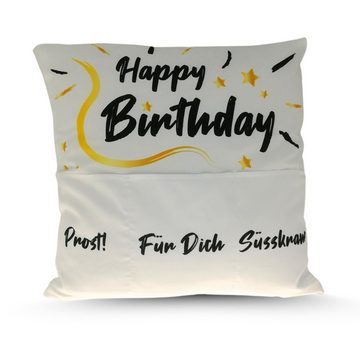 Bada Bing Dekokissen Happy Birthday Kissen mit 3 Taschen originelles Geschenke-Kissen, Lustiges Kissen, Platz für Trinken und Snacks