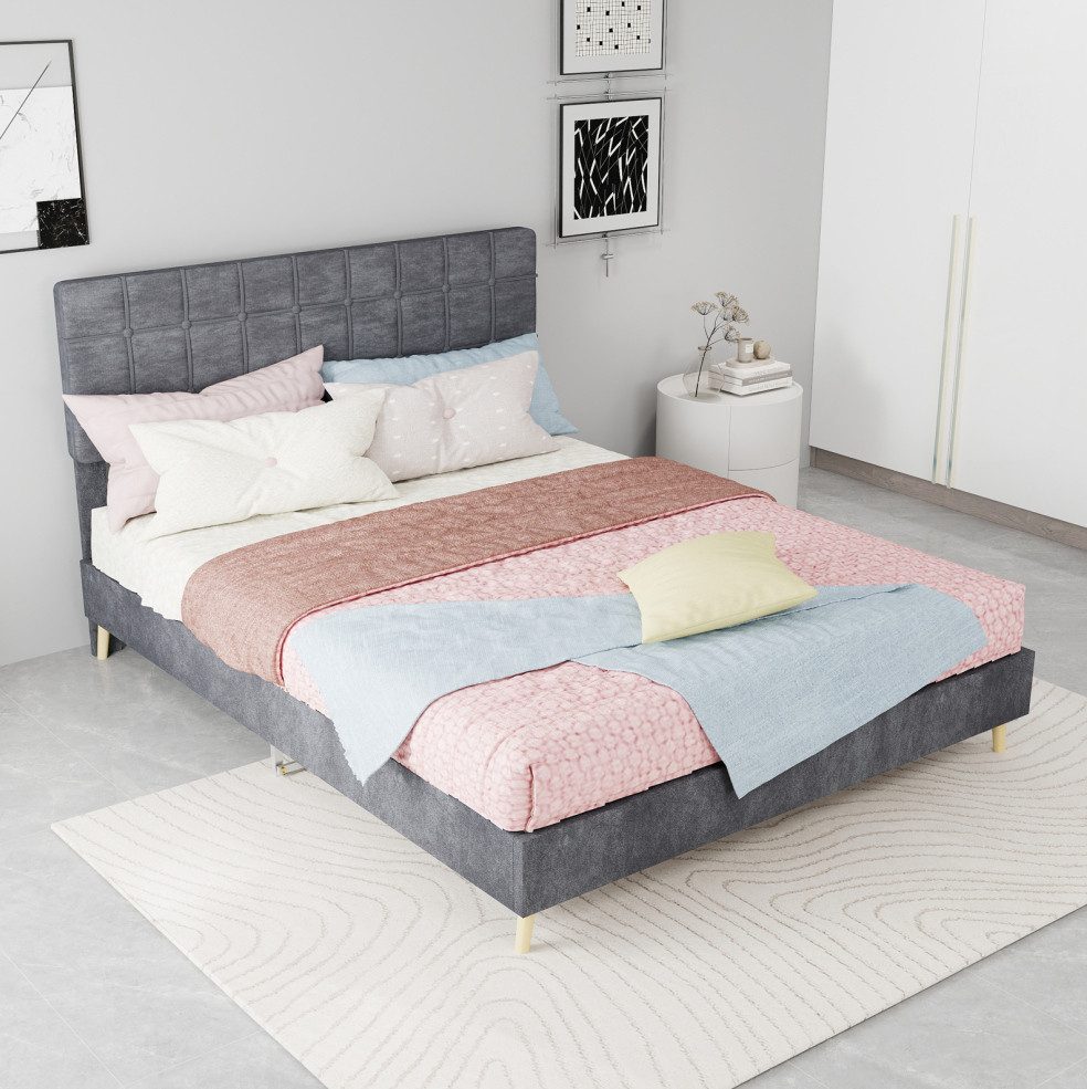 MODFU Polsterbett Doppelbett, ideal für kleine Haupt- oder Gästezimmer (modernes dunkelgraues Stoffbett mit leicht luxuriösem, kariertem, weich gepolstertem Kopfteil., 1-tlg., 140*200)