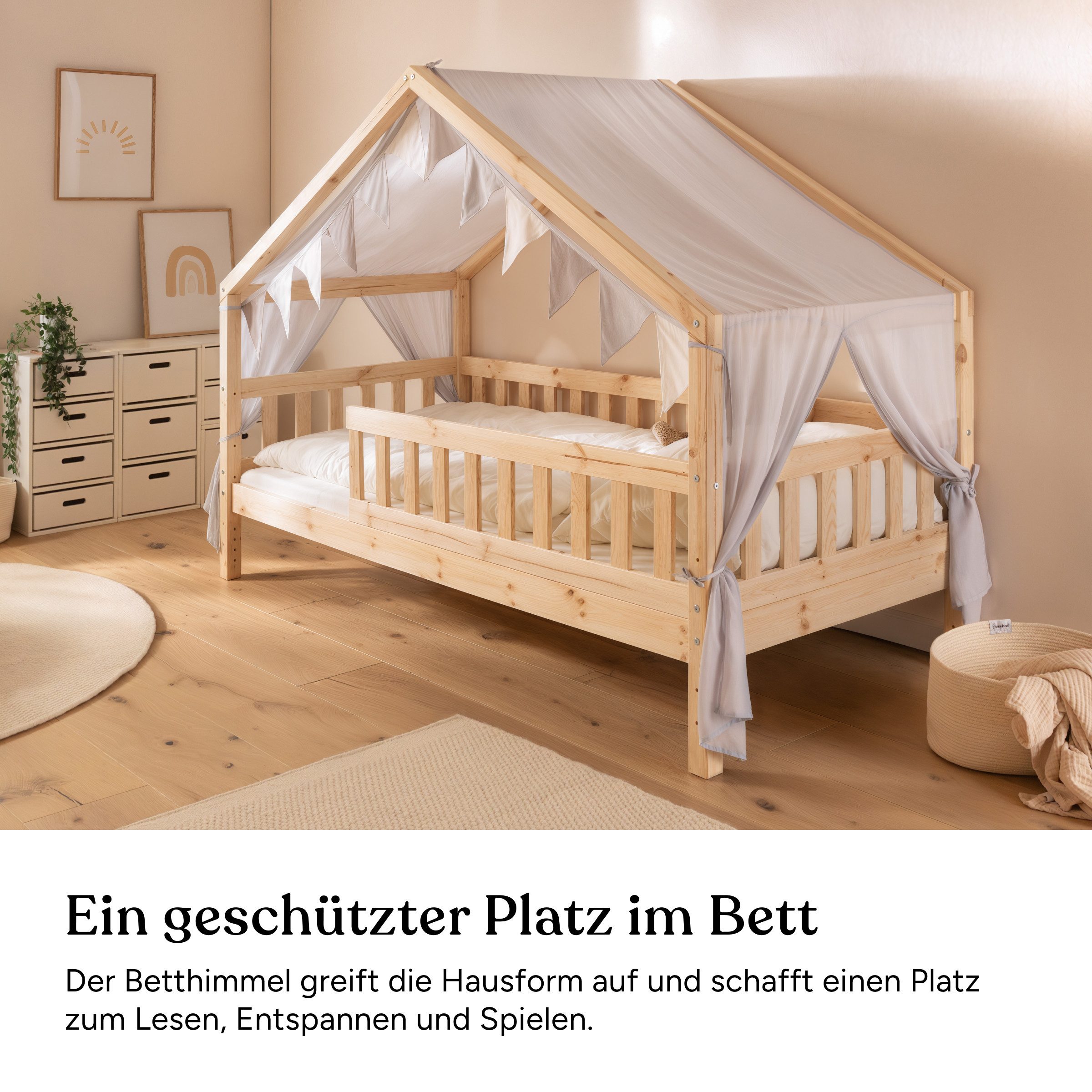 Ehrenkind Betthimmel für Panorama Hausbett Lille mit Wimpelkette (Beige, passend für Panorama Hausbett Lille 90x200), halbtransparenter Stoff mit hoher Luftdurchlässigkeit