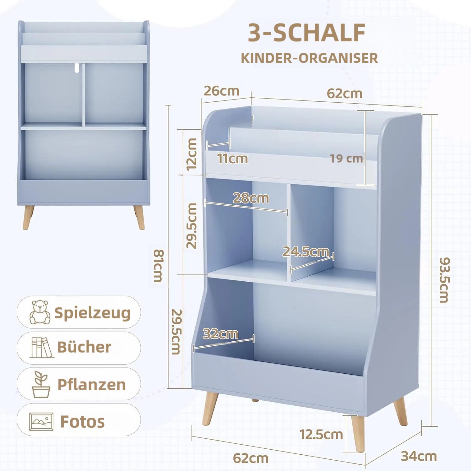 TLGREEN Spielzeugtruhe Kinderregal Bücherregal (Spielzeug Aufbewahrung,Spielzeugregal Kinderregal, 34T x 62B x 93,5H cm), 2Ablagefächern,3 offenen Fächern