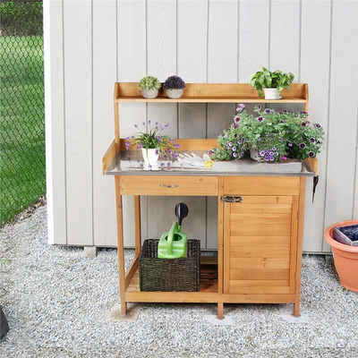 Yaheetech Pflanztisch Garten Pflanztisch mit Schubladen & Unterschrank, Outdoor Gärtnertisch Holzpflanztisch mit verzinkt Arbeitsplatte