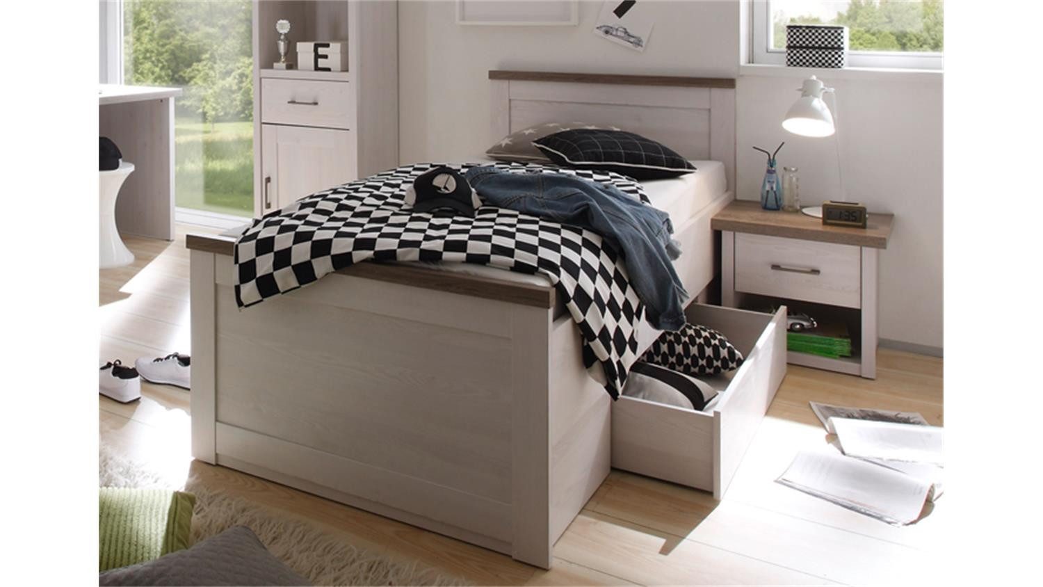 Bega Consult Jugendbett Jugendbett Luca mit Nachtkommode Pinie weiß und Trüffel, Bett inkl. Schubkasten und Nachtkommode