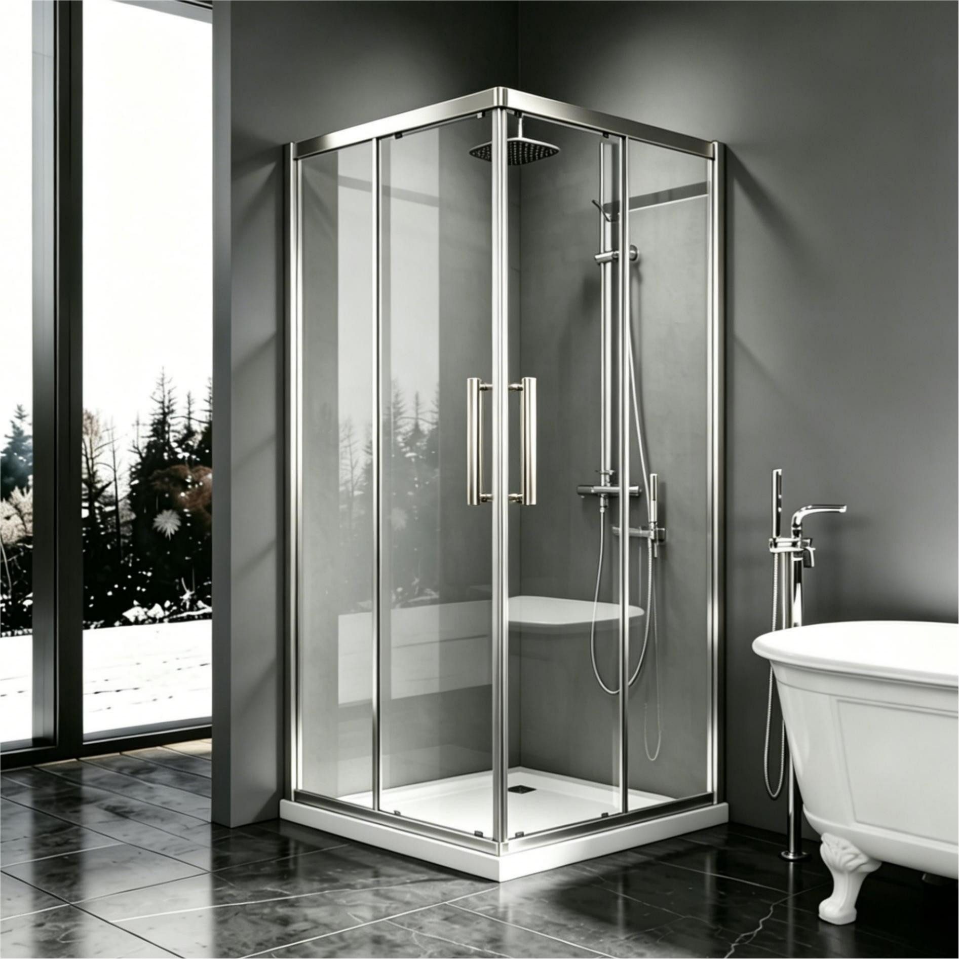Boromal Eckdusche Duschkabine eckeinstieg 90x100 100x100 75x90 90x90 80x80, BxT: 75x80 cm, 5mm ESG, Schiebetür, Alu Struktur, Magnetdichtleisten, Links- und Rechtsmontage