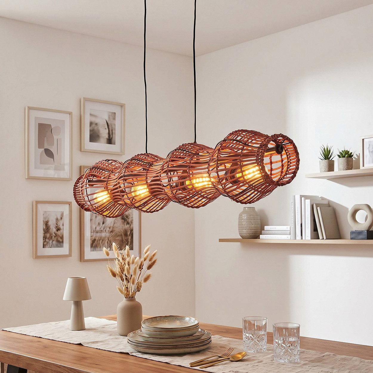 hofstein Pendelleuchte Hängelampe aus Metall/Bambus in Schwarz/Braun, ohne Leuchtmittel, Hängeleuchte im Retro/Vintage/Boho-Design, Höhe max. 170 cm, 4 x E27