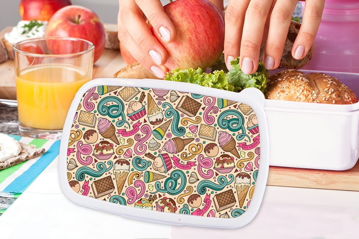 - für Lunchbox Eiscreme, Kinder Erwachsene, und Brotdose, (2-tlg), und MuchoWow Muster Kunststoff, Waffel Jungs Mädchen Brotbox - weiß für