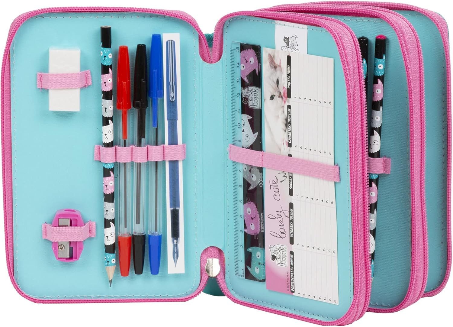 GOLDKIDS Federmäppchen Federtasche 3-fache Federmappe, (43-teilig gefüllte Schüleretui Stifte und Pinsel inkl. Aufgabenheft, 1-tlg., Federbox Etui Stiftetasche Schlamper-Etui Schul-Etui), Katze Cat Motiv