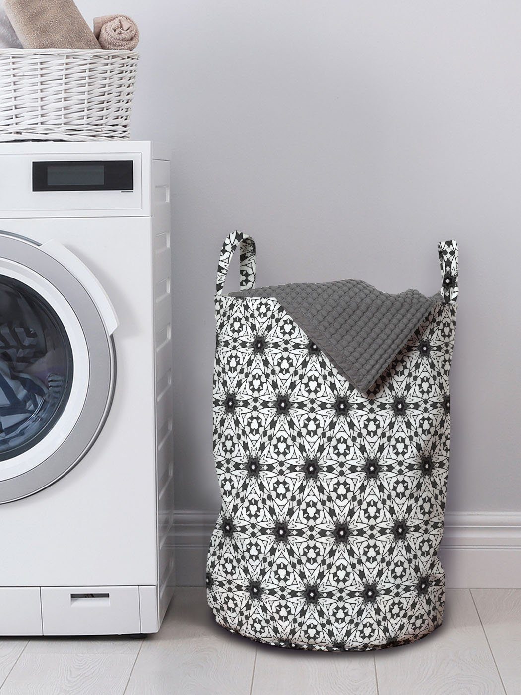 Waschsalons, und Wäschekorb Abakuhaus mit für Griffen Grau Kordelzugverschluss Blumenkunst Weiß Wäschesäckchen Boho