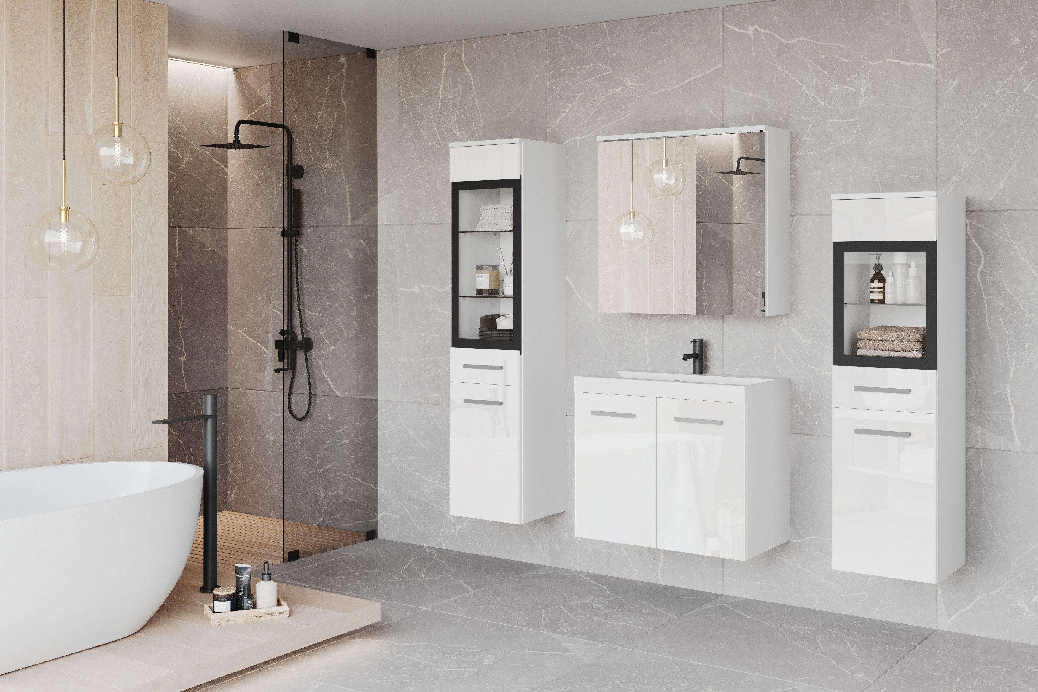 welltime Badmöbel-Set MADRIT II, Schrank mit Waschbecken, 2 Hänger, Spiegelschrank, (Komplett-Set, 5-St), Hängende Badmöbel mit Glaseinsätzen – in vielen Farben erhältlich