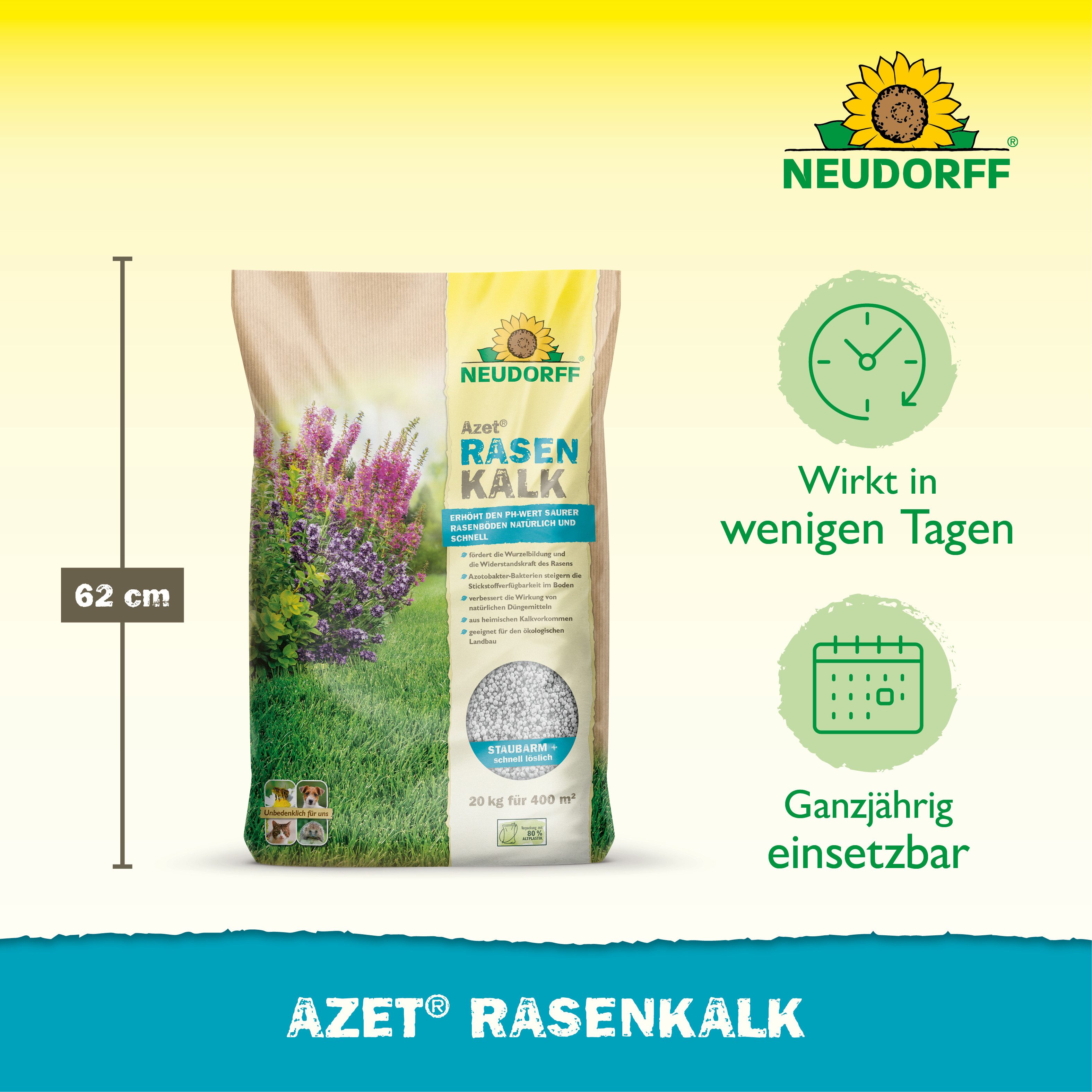 Neudorff Rasenkalk Azet RasenKalk 20 kg, Staubarm & schnell löslich für eine einfache Ausbringung, Mit Calcium, Magnesium & lebenden Mikroorganismen, Mit Calciu – Bild 3 von 5