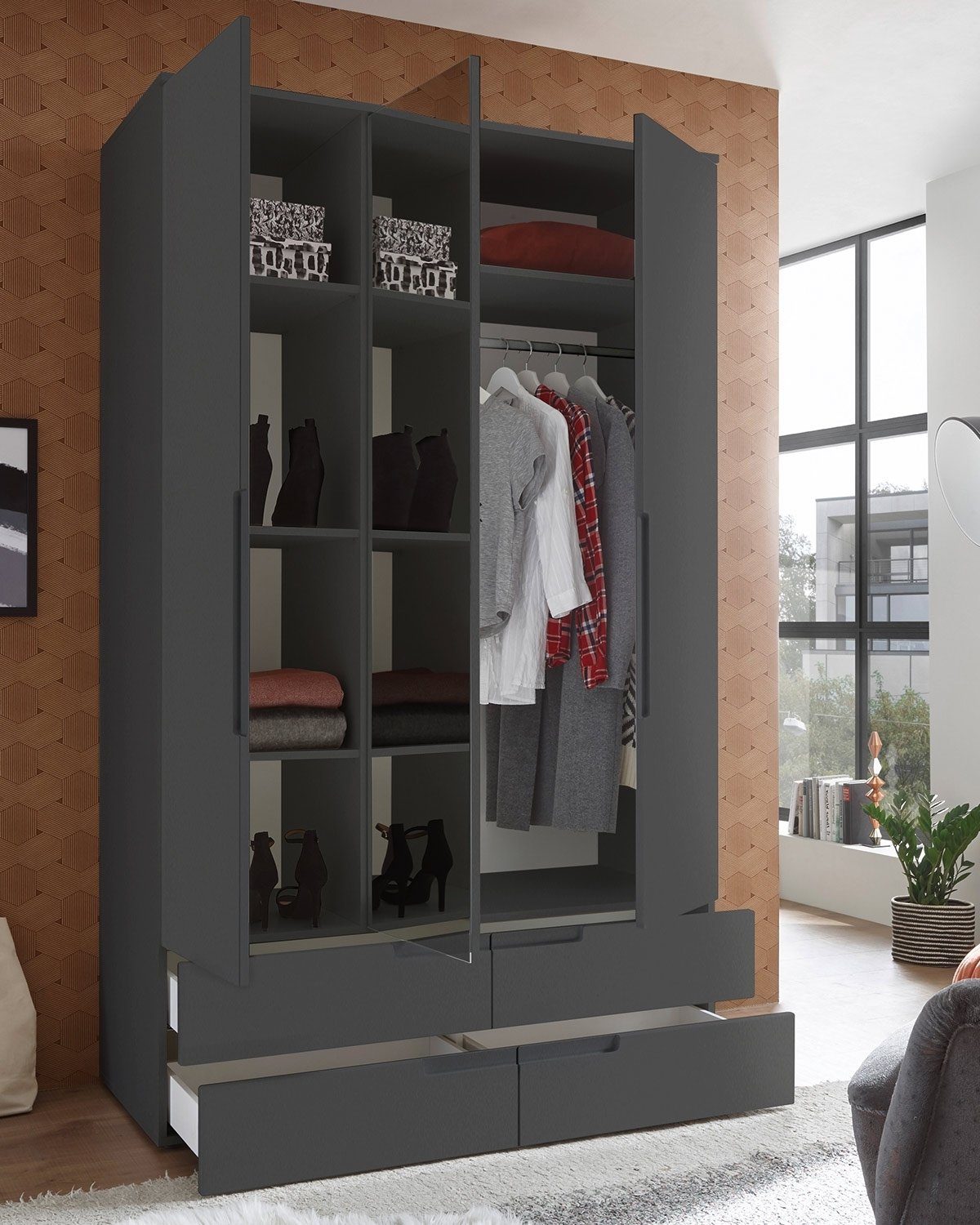 Pol-Power Drehtürenschrank SPICE, Graphit matt Dekor, 2 Türen, 1 Spiegeltür, 4 Schubladen, B 126 x H 208 x T 57 cm