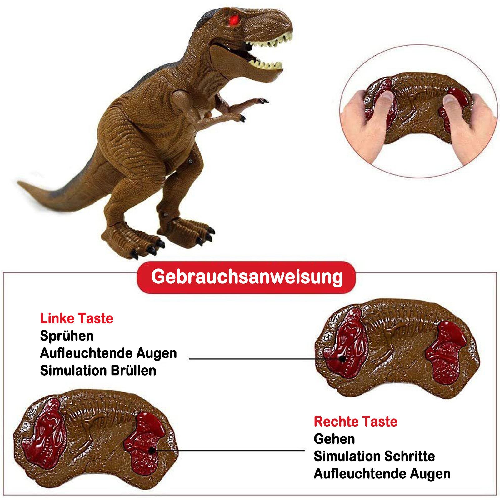 Esun Spielfigur Ferngesteuerter Dinosaurier Spielzeug ab 4 5 6 8 jahre jungen mit LED, (Packung, Komplettset), Dino Roboter Kinder Spielzeug mit Gehen und roar