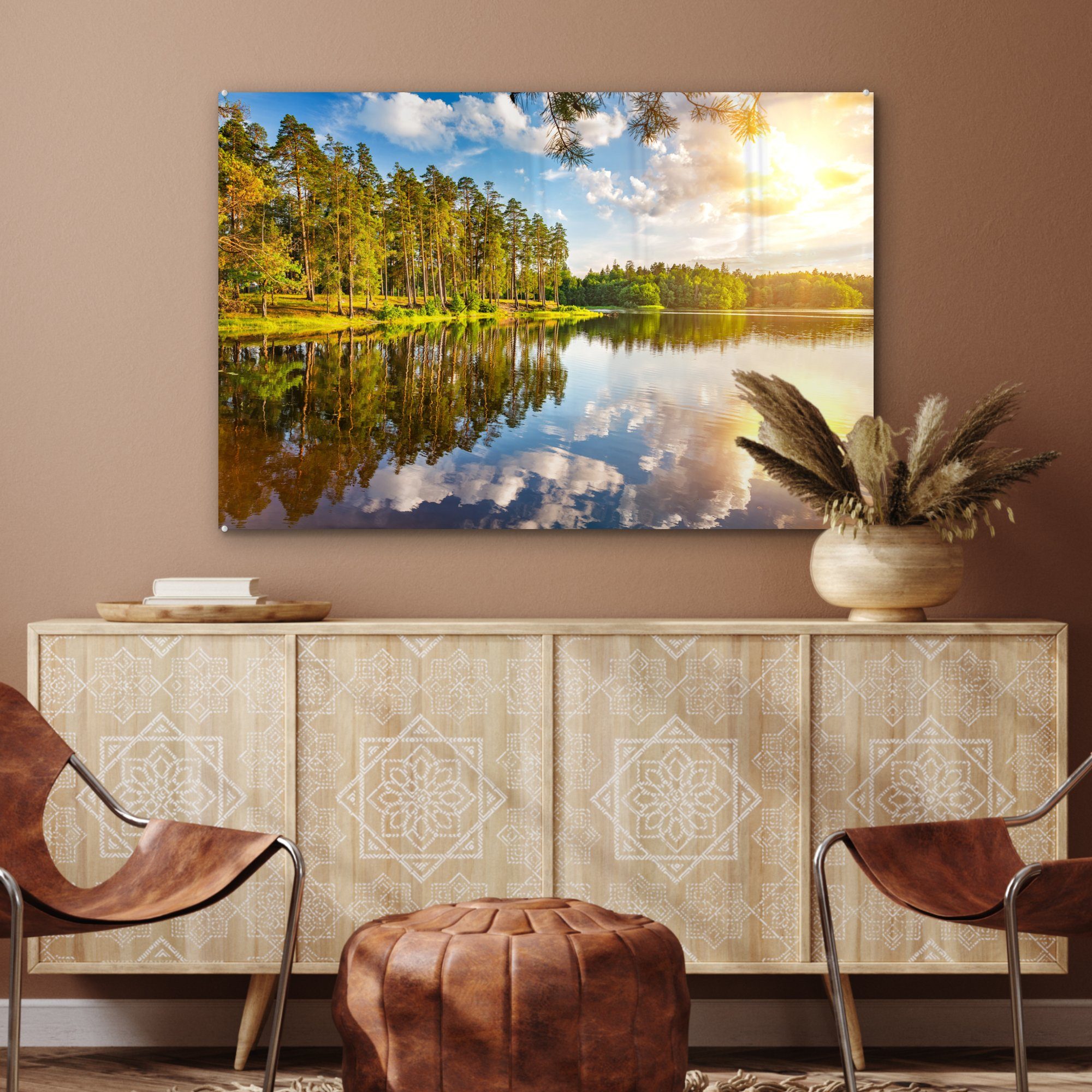 MuchoWow Acrylglasbild Sonne - Wasser St), Wohnzimmer Acrylglasbilder (1 - Schlafzimmer Bäume, &