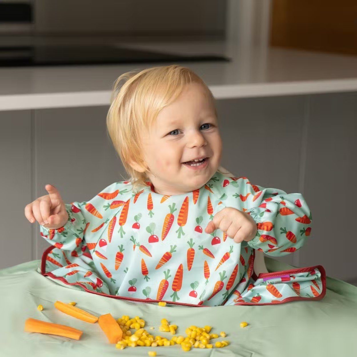 Tidy Tot Lätzchen (Starter Set Starter 3-teilig, TidyTot einsetzbar, einfache universell Handhabung Set, durch grün Aufsatztablett, Klettverschluss Langarm Lätzchen)