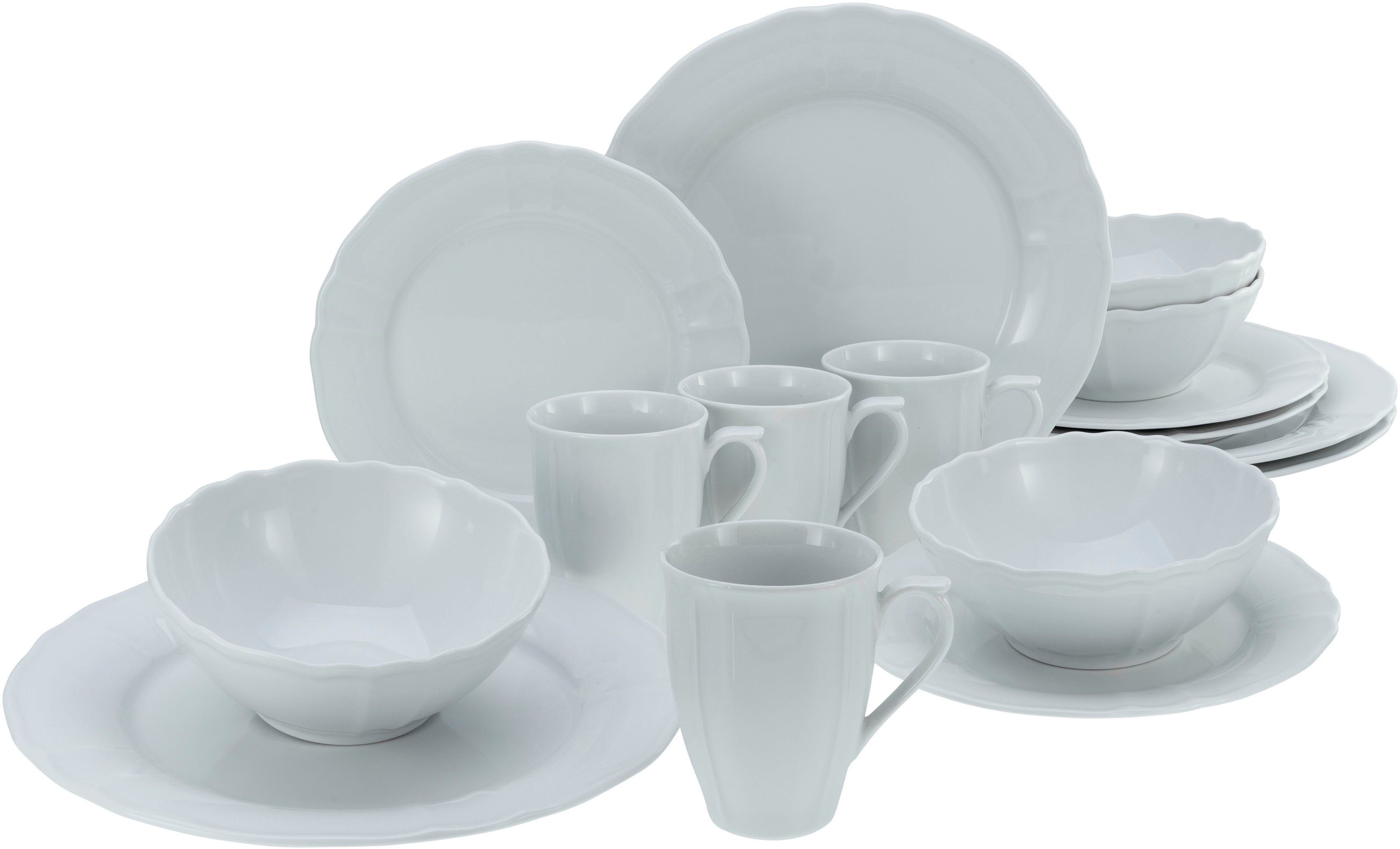 CreaTable Kombiservice Geschirr-Set Flora (16-tlg), 4 Personen, Porzellan, Service weiß, klassische Form im Landhausstil 16 Teile, für 4 Personen