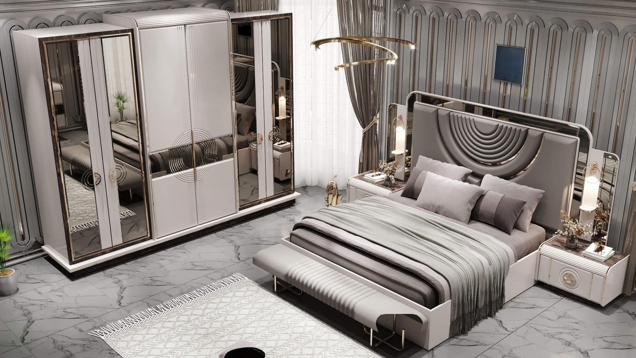 JVmoebel Schlafzimmer-Set Luxus Schlafzimmer-Set mit Polsterbett, Kleiderschrank & Sitzbank, (5-tlg)