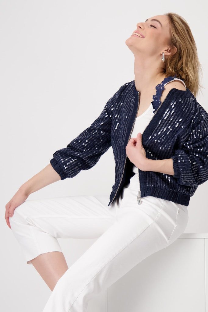 Monari Wolljacke Jeansjacke mit Pailletten Glänzende Akzente für modischen Glamour