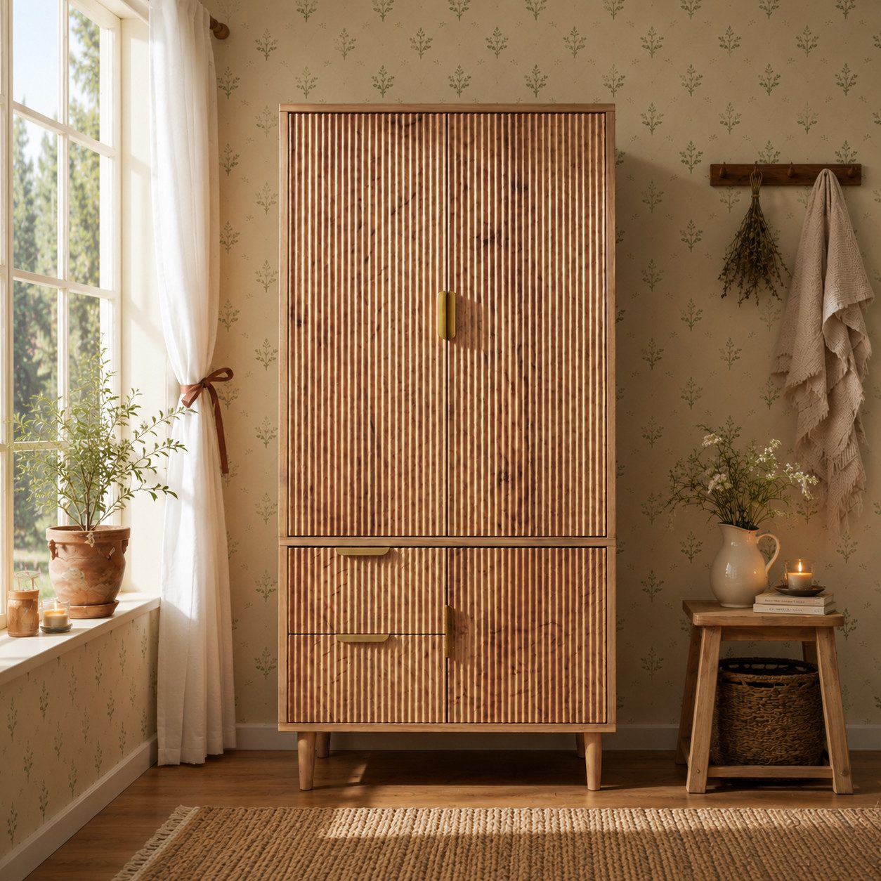Yorbay Kleiderschrank 80cm 3 Türen 2 Schubladen Kleiderstange 3D Rillen Eiche Kompakter Stauraum für Kleidung und Accessoires im Schlafzimmer
