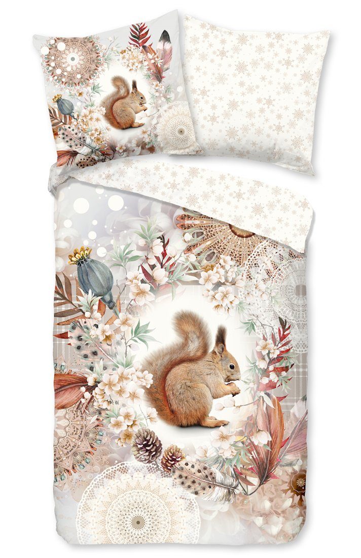 hip Wendebettwäsche ROMAR, 100% Baumwolle, 2 teilig, flauschige Biber Bettwäsche Mandala Eichhörnchen Schneeflocken