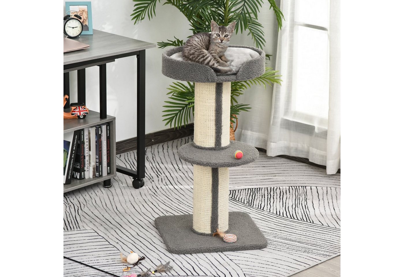 Thumbnail - PawHut Kratzbaum Katzenbaum Spielbaum Kratzstamm mit Plattform, Sisal Plüsch Grau, 45 x 45 x 91 cm