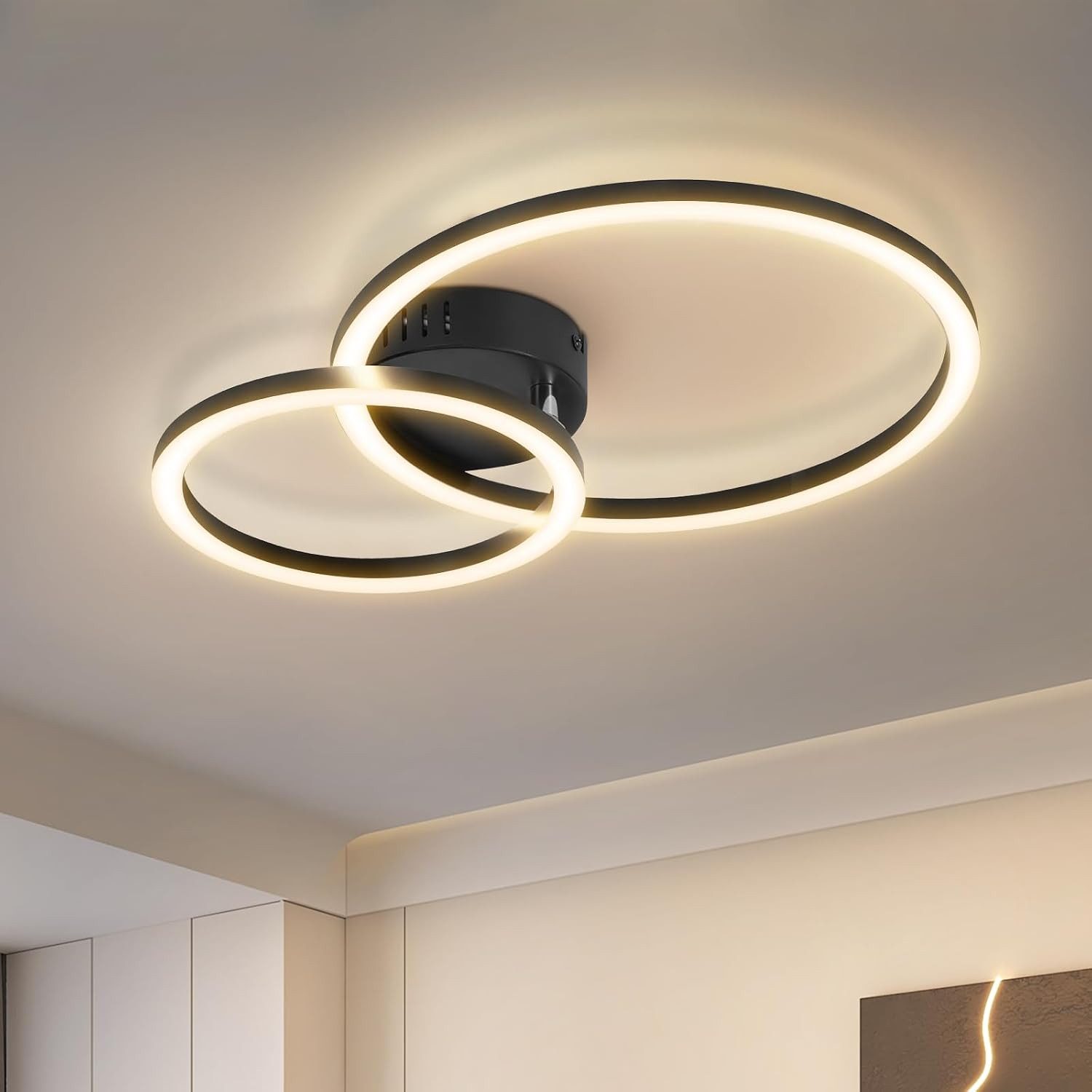 ZMH Deckenleuchte LED Deckenlampe 40cm schwarz Wohnzimmer warmweiß 2-Ringe-Design, LED fest integriert, Warmweiß, LED Deckenlampe