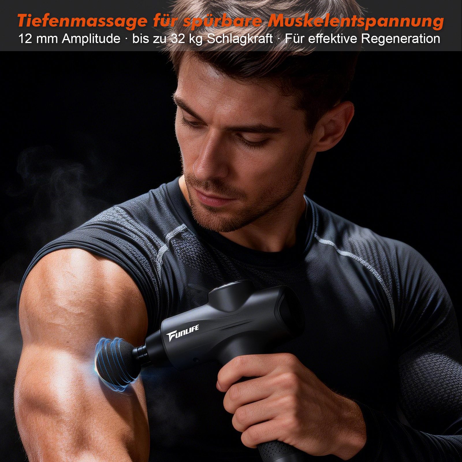 FunLife Massagepistole Tiefengewebe Massagepistole 12 mm Hub, Komplett-Set, 6 Aufsätze, Tasche & Geschenkverpackung, 10 Stufen · USB-C · unter 45 dB