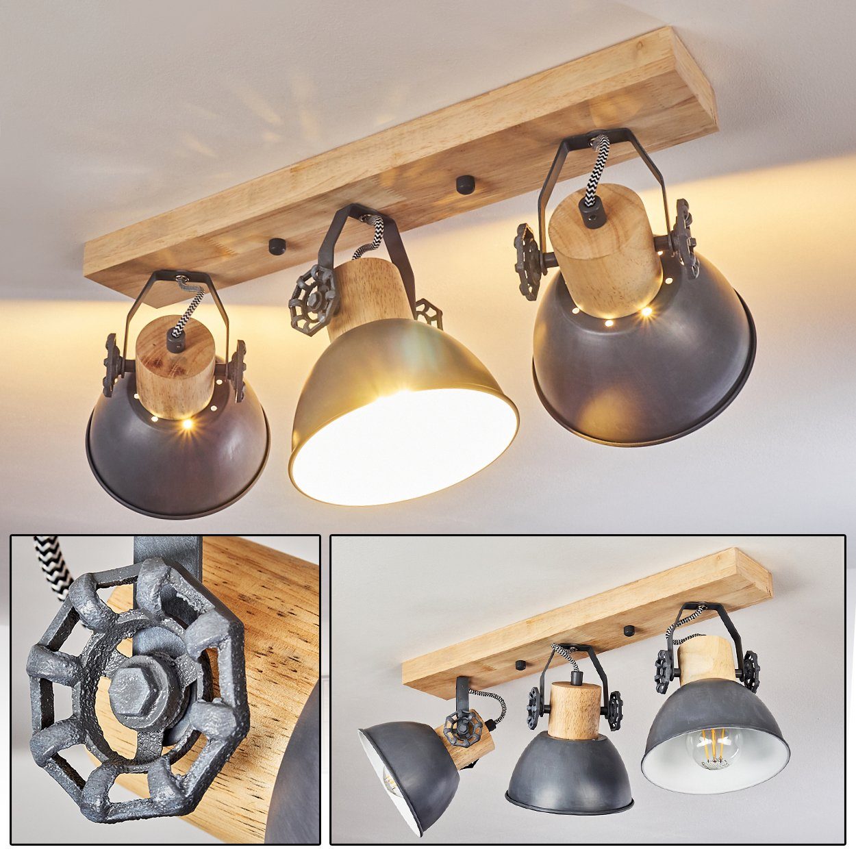 Retro/Vintage Strahlern, Spot Metall/Holz hofstein Deckenleuchte verstellbaren Grau/Weiß/Braun, Leuchtmittel, aus im Deckenlampe Design mit 3xE27, in »Cotes« ohne