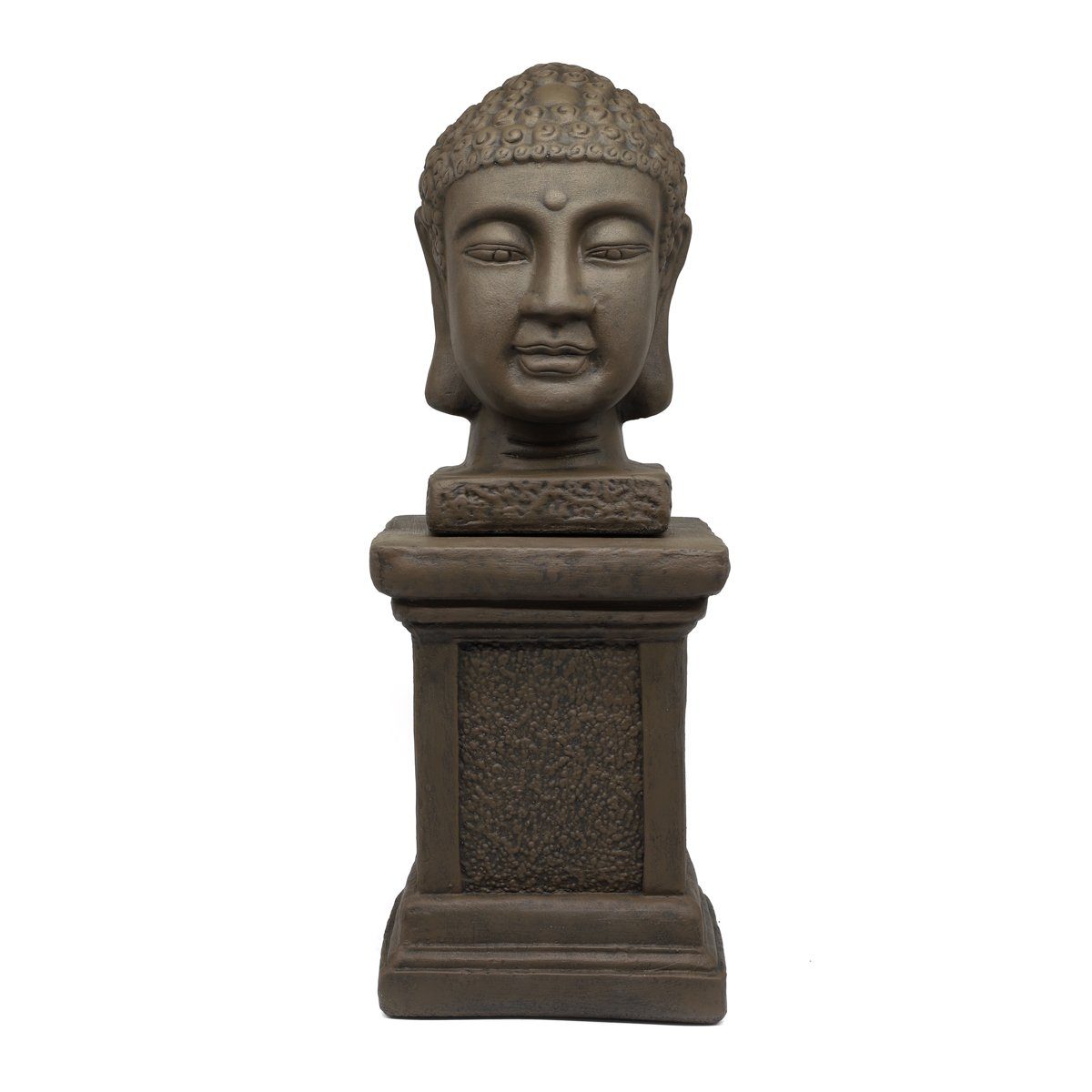 Tiefes Kunsthandwerk Buddhafigur Buddhakopf mit Säule aus Stein - Statue für Haus und Garten, frostsicher, winterfest, Made in Germany braun