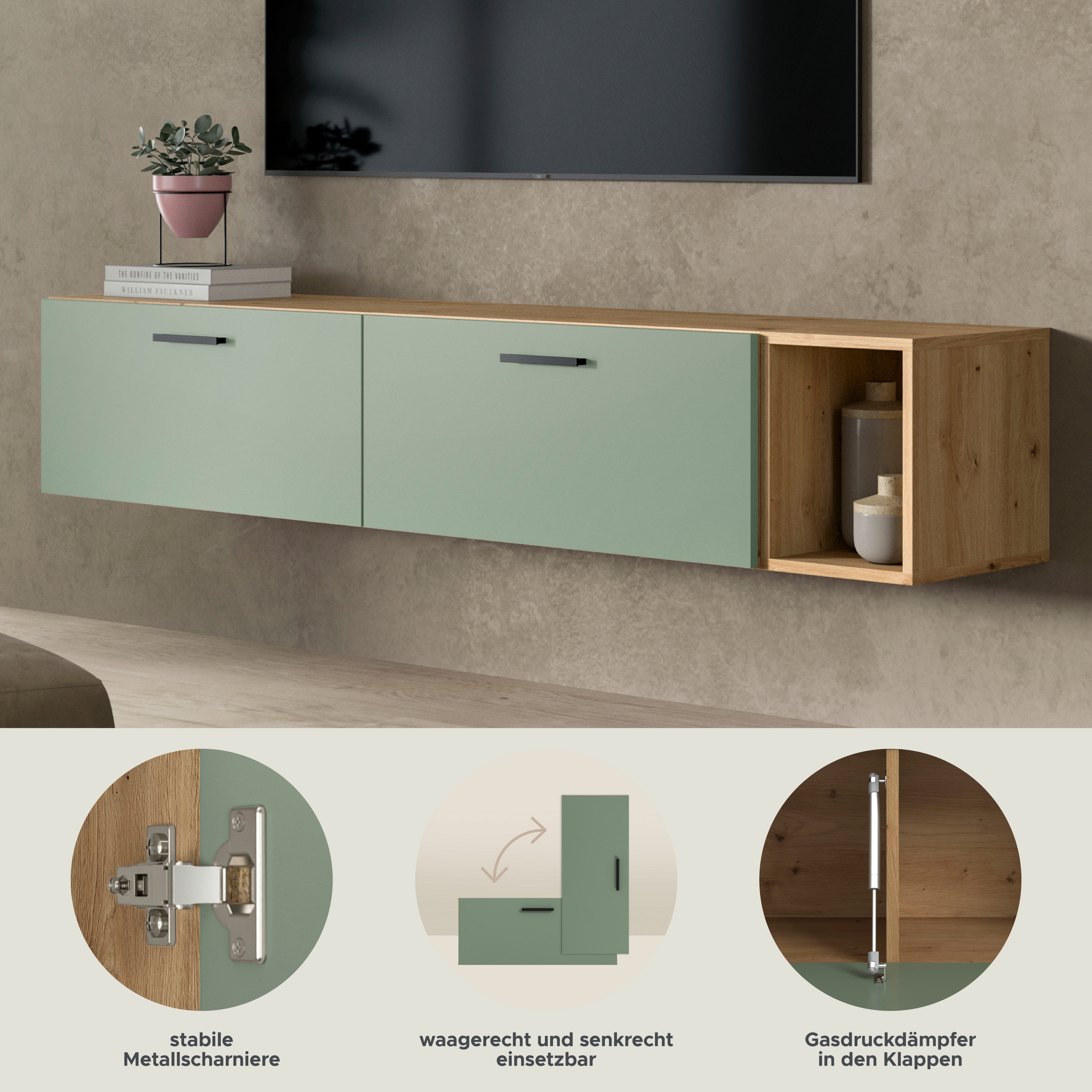 Home affaire Schrank-Set ENESTE, 3-teilig, in verschiedenen Farben, individuell kombinierbar, (verschiedenste Kombinationmöglichkeiten, stehend oder hängend), Stauraumelement, Kombination, Wohnkombination, Schrankwand, Lowboard