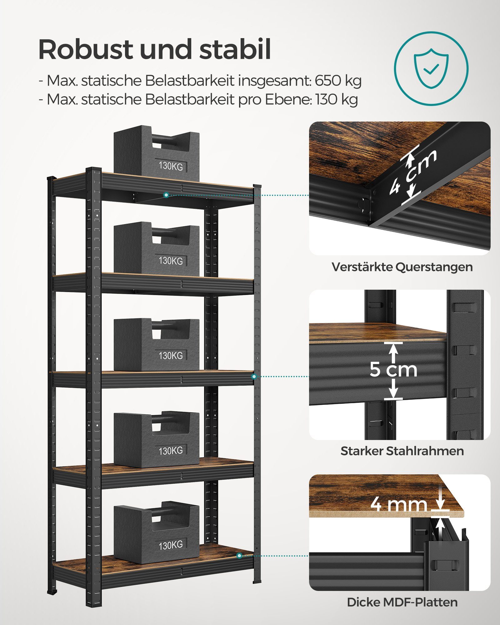 SONGMICS Standregal Bücherregal, Lagerregal, für Küche, Wohnzimmer, 1-tlg., 5 Ablagen, verstellbar, 30 x 75 x 150 cm, bis 650 kg belastbar – Bild 5 von 5