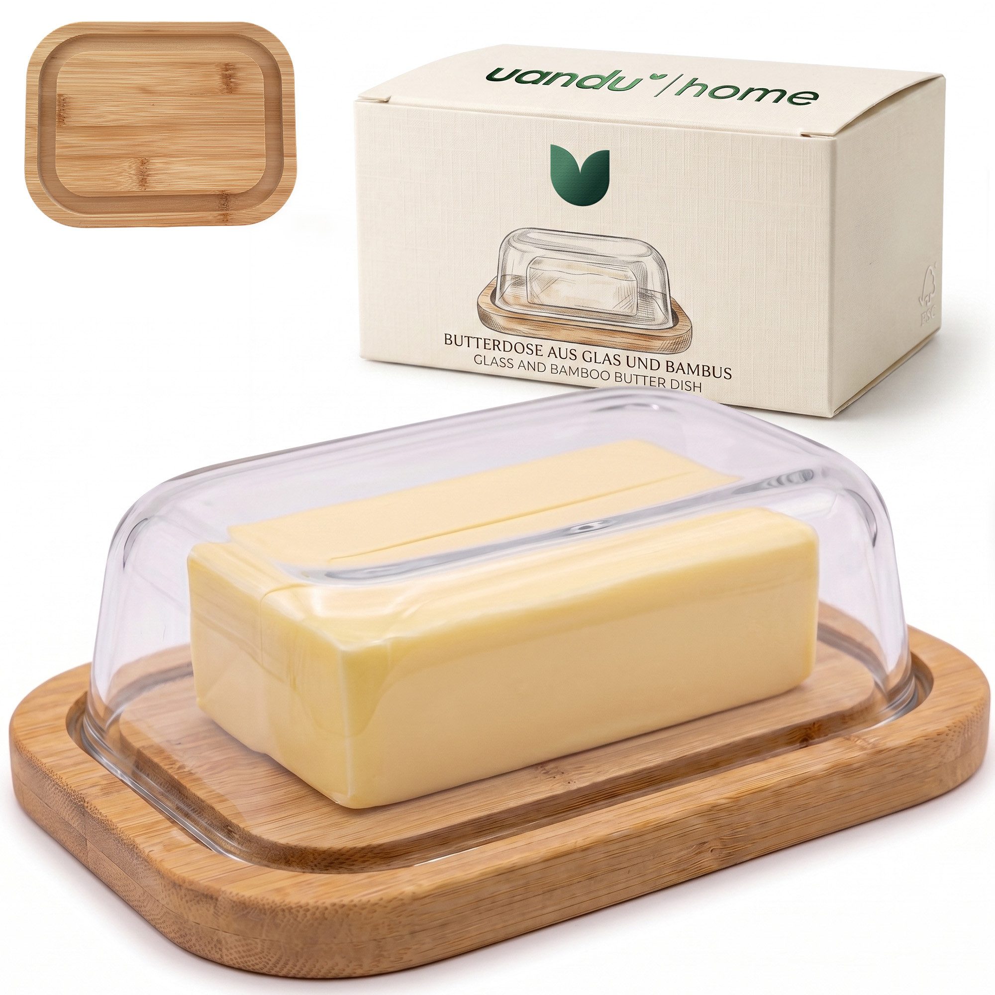 uandu home Butterdose Glas & Bambus – Borosilikat Glasdeckel, (mit FSC-zertifiziertem Bambusboden – Luftdichte Butterglocke für 250g Butter – Butterschale, Geschenkidee, Butter Box Dose, Butterbox)